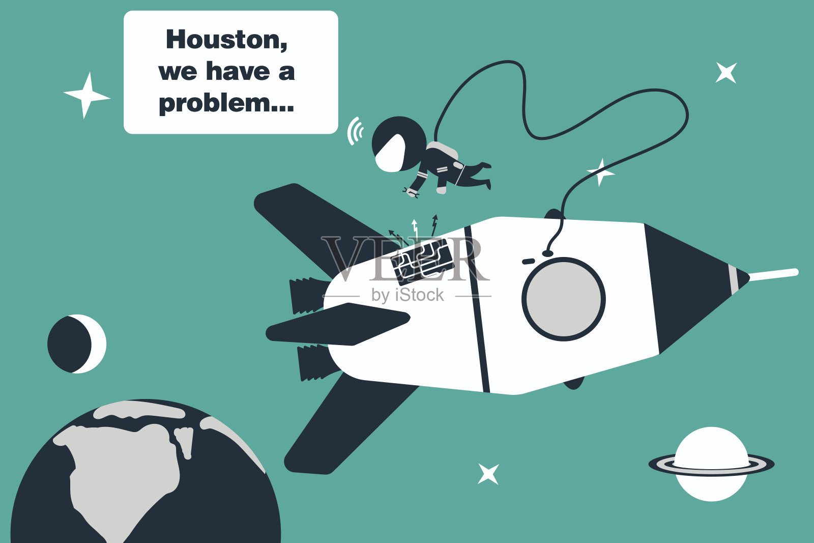 宇航员在开放空间中，消除了火箭的问题，并向地球发送信息“休斯顿，我们有问题了”。插画图片素材