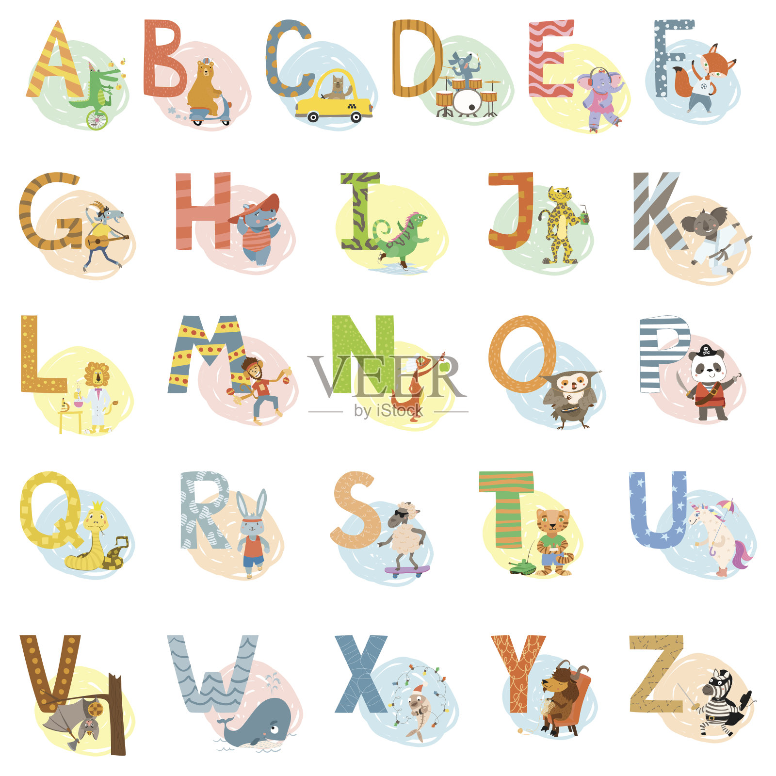 卡通矢量手绘动物英语语言字母设计元素图片