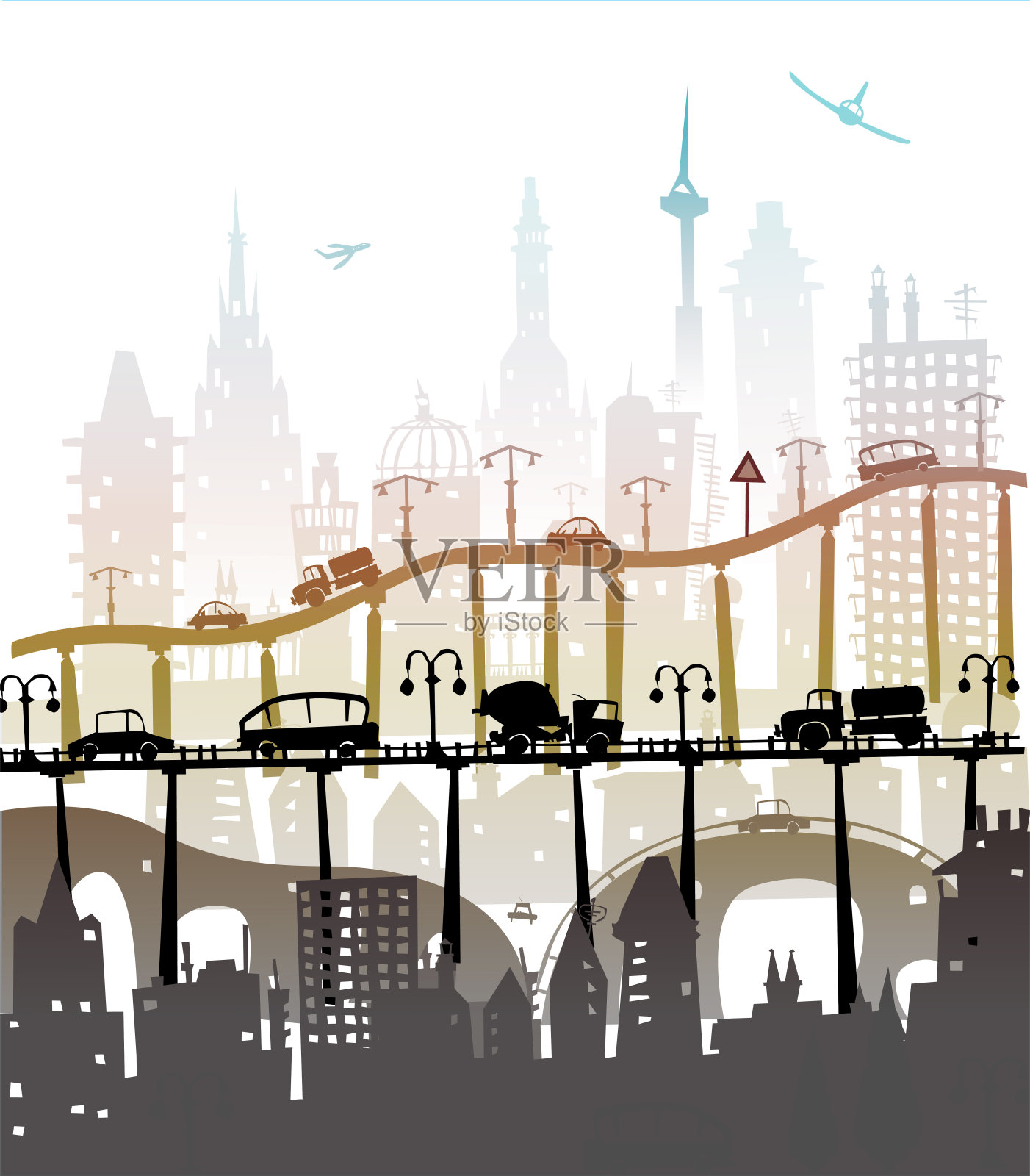 现代城市的繁忙道路有许多桥梁和汽车。插画图片素材