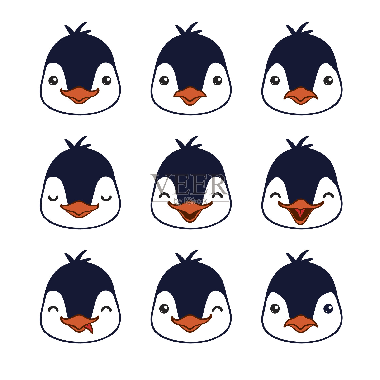 表情符号。可爱的企鹅表情。鸟类情绪的矢量插图。插画图片素材