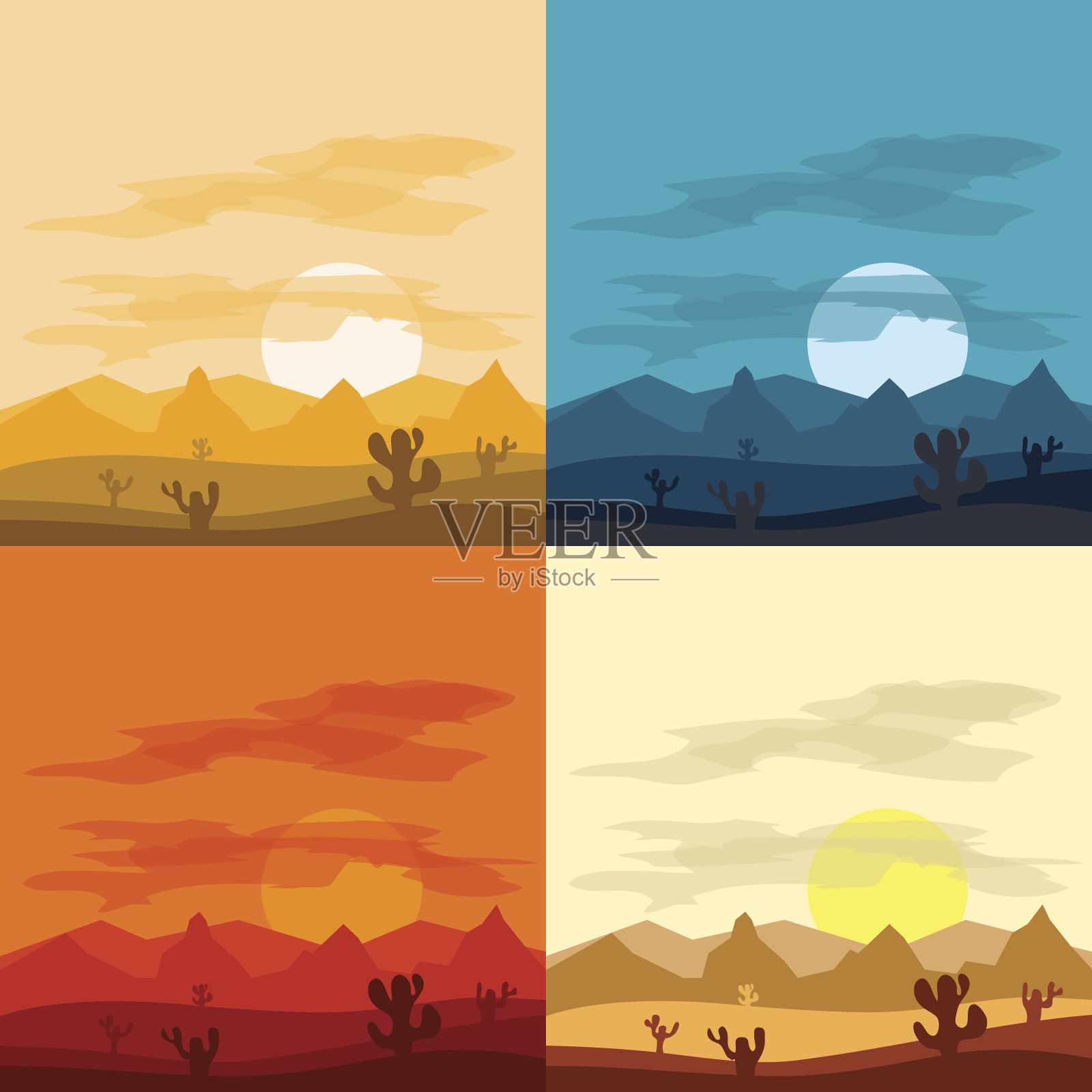 白天是沙漠景观，晚上是沙漠。沙漠景观插画图片素材