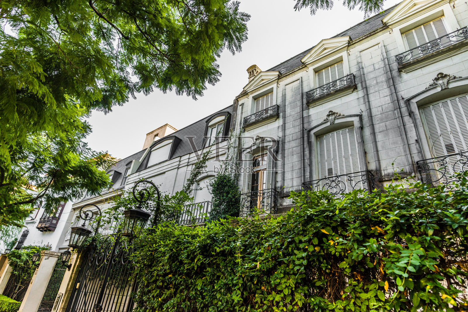 阿根廷布宜诺斯艾利斯巴勒莫奇科社区的传统经典老建筑、房屋和绿树照片摄影图片