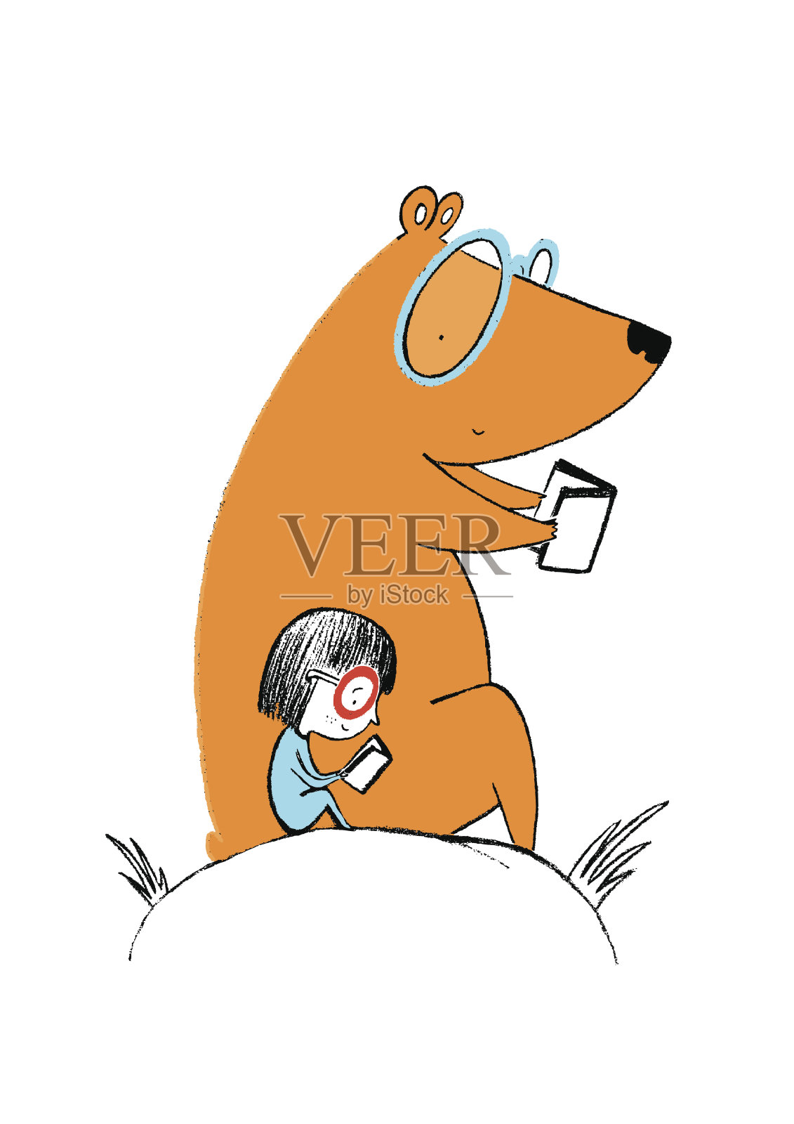 小女孩和小熊在看书设计元素图片