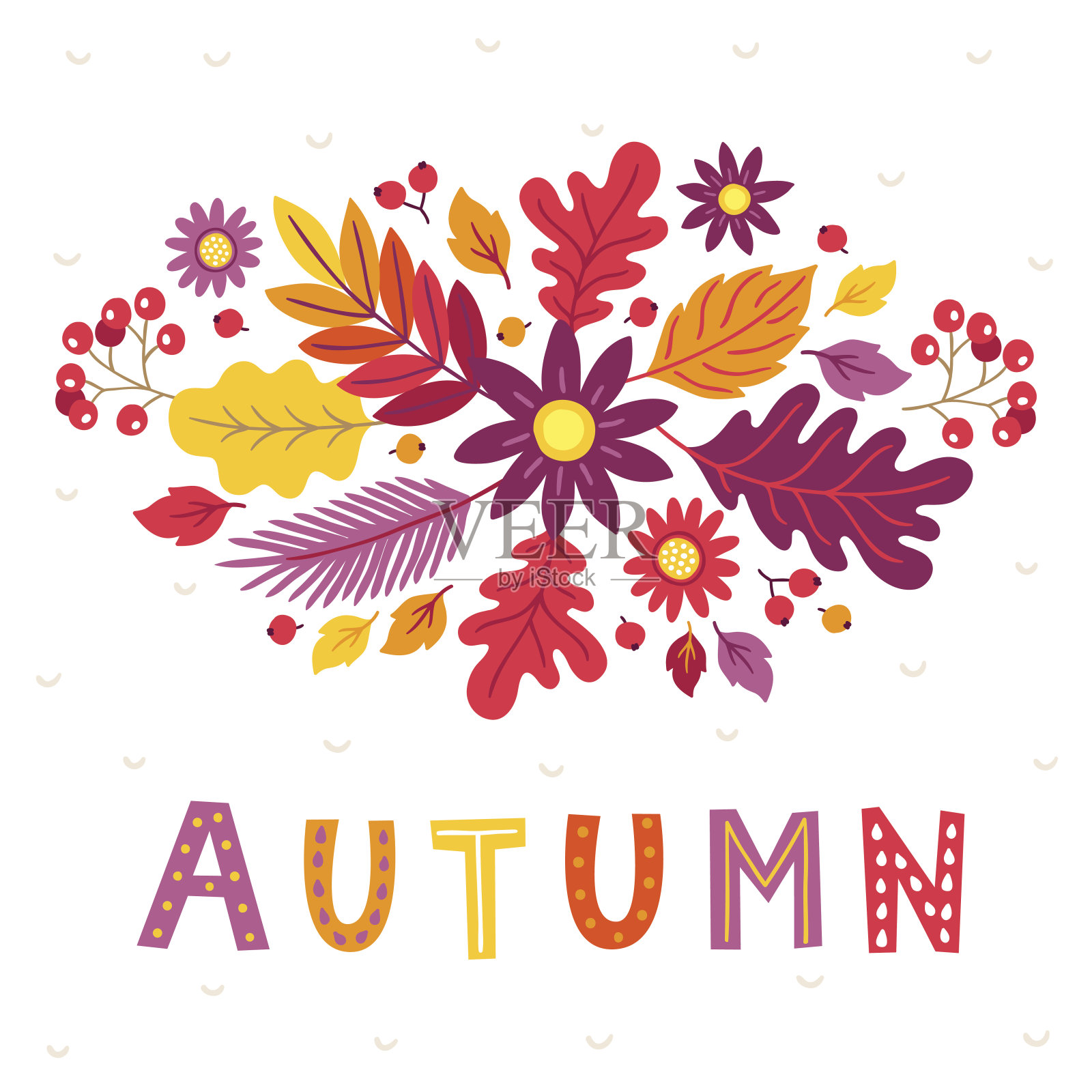秋天的贺卡上有花，花楸，橡树叶插画图片素材