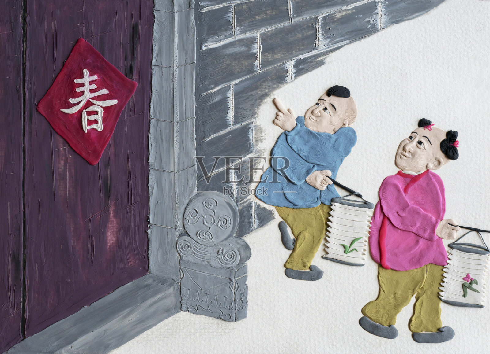 手工泥塑插图:中国的春节装饰品插画图片素材