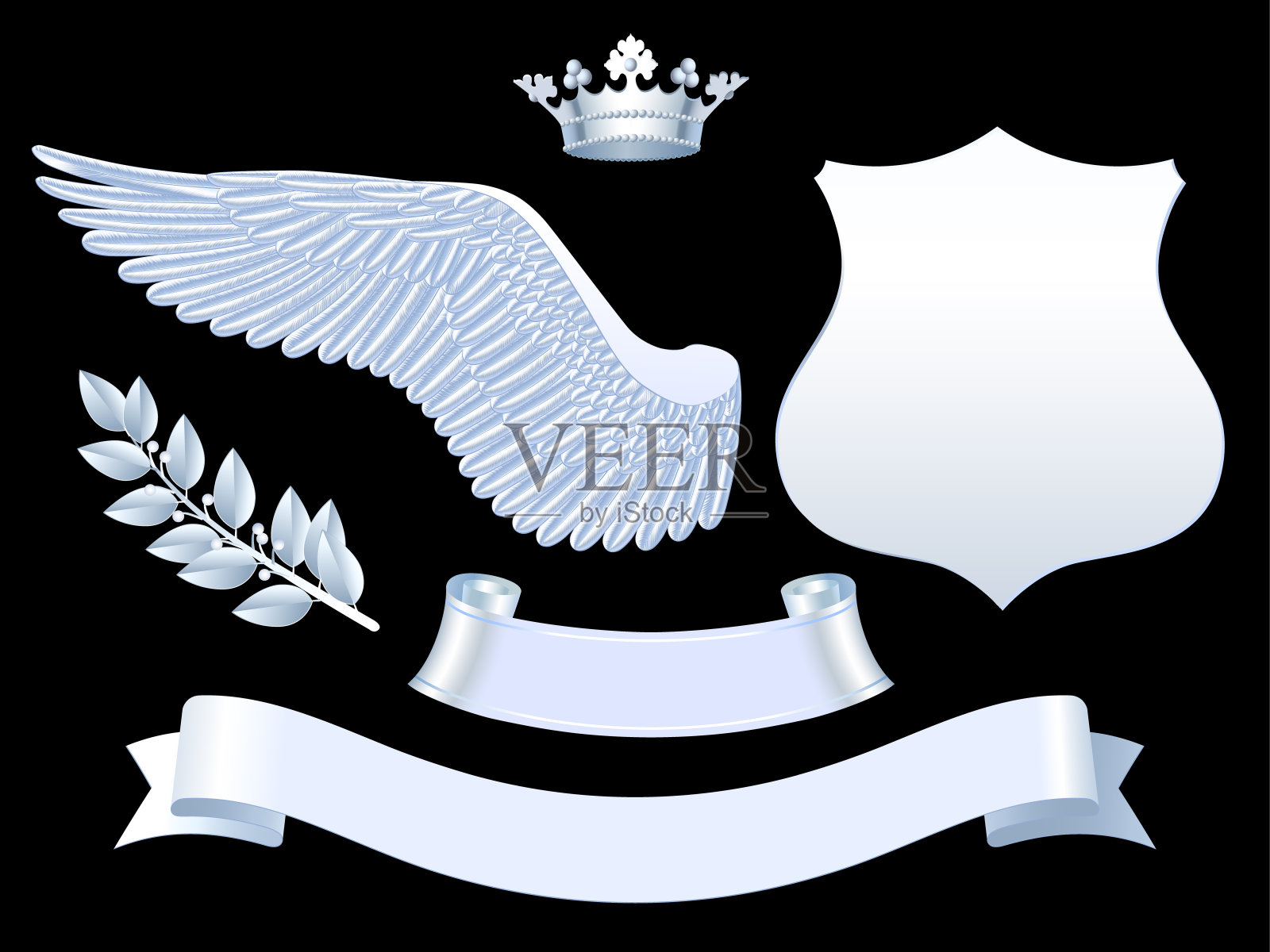 银色的翅膀，王冠，标志，丝带和月桂枝设计元素图片