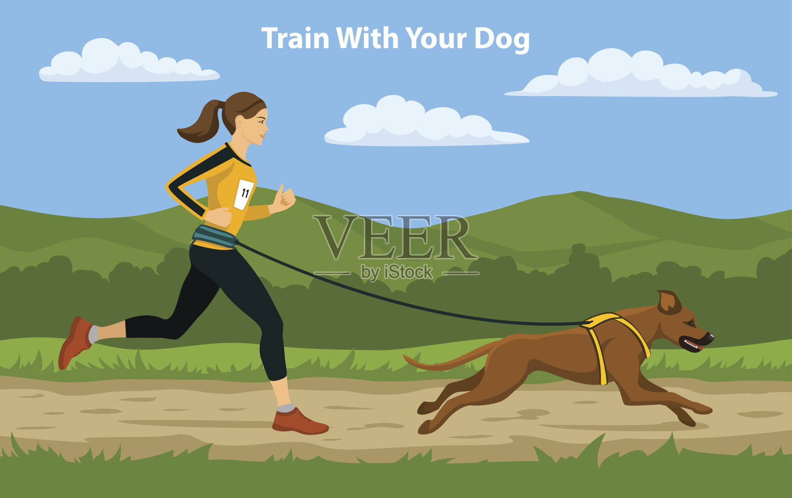 越野运动越野训练。一个女人和她的狗罗得西亚脊背在户外跑步。设计元素图片