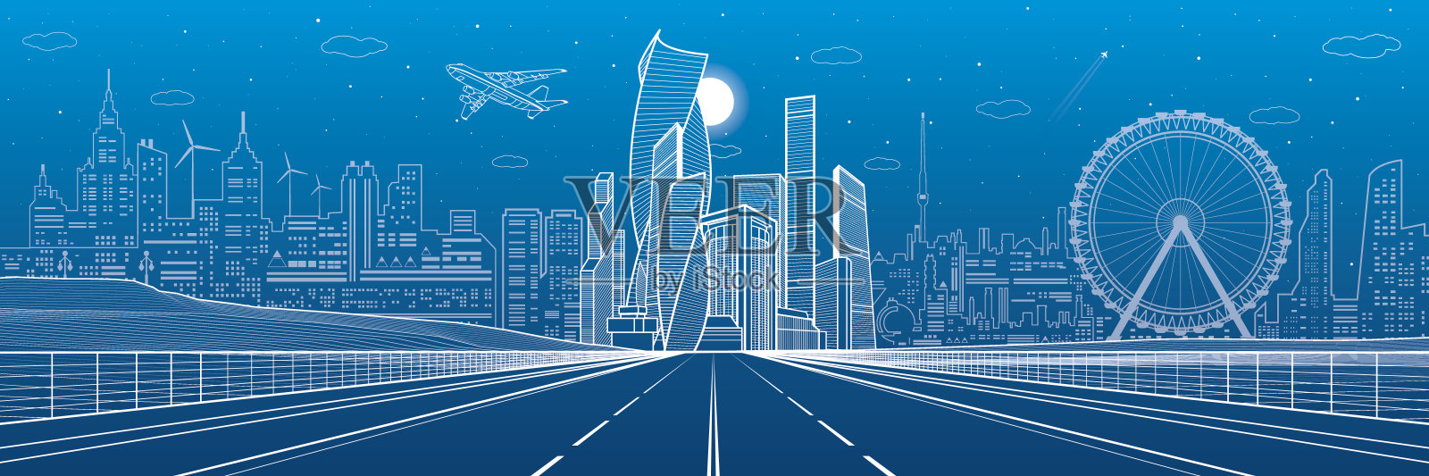 宽阔的公路。城市基础设施全景图，未来城市背景，现代建筑。飞机飞行。蓝色背景上的白线，夜景，矢量设计艺术插画图片素材
