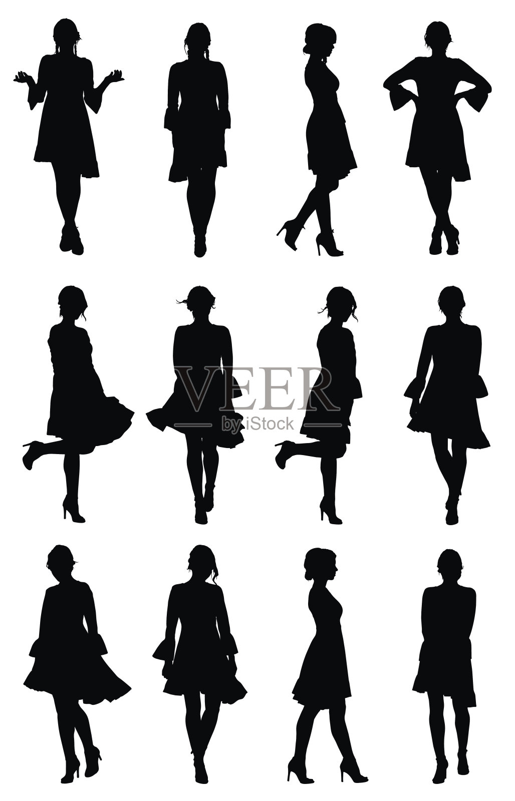 Collection of latin women dancer剪影与荷叶边袖连衣裙在不同的姿势插画图片素材