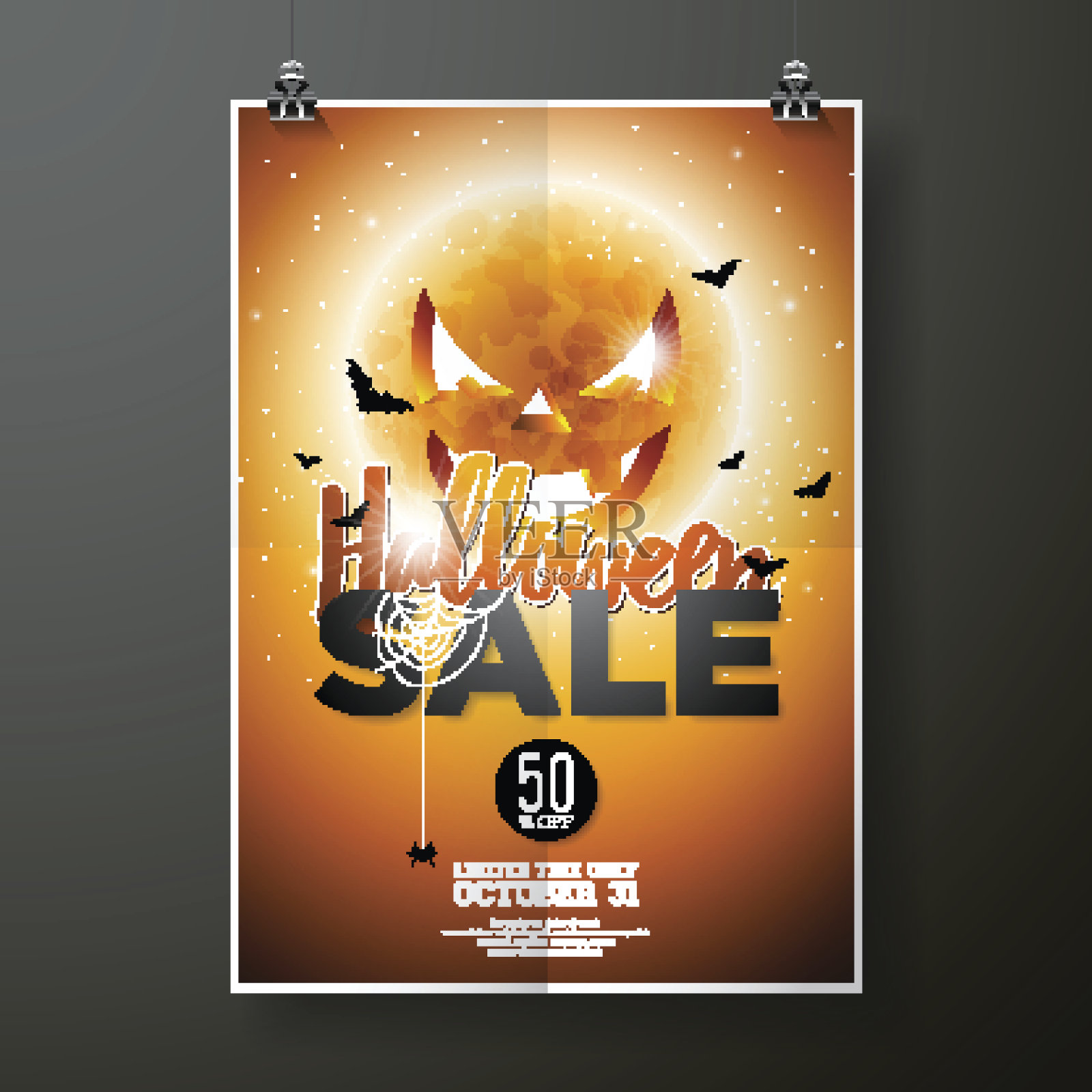 万圣节销售矢量海报模板插图与月亮和蝙蝠在橙色的天空背景。设计提供，优惠券，横幅，代金券或促销海报插画图片素材