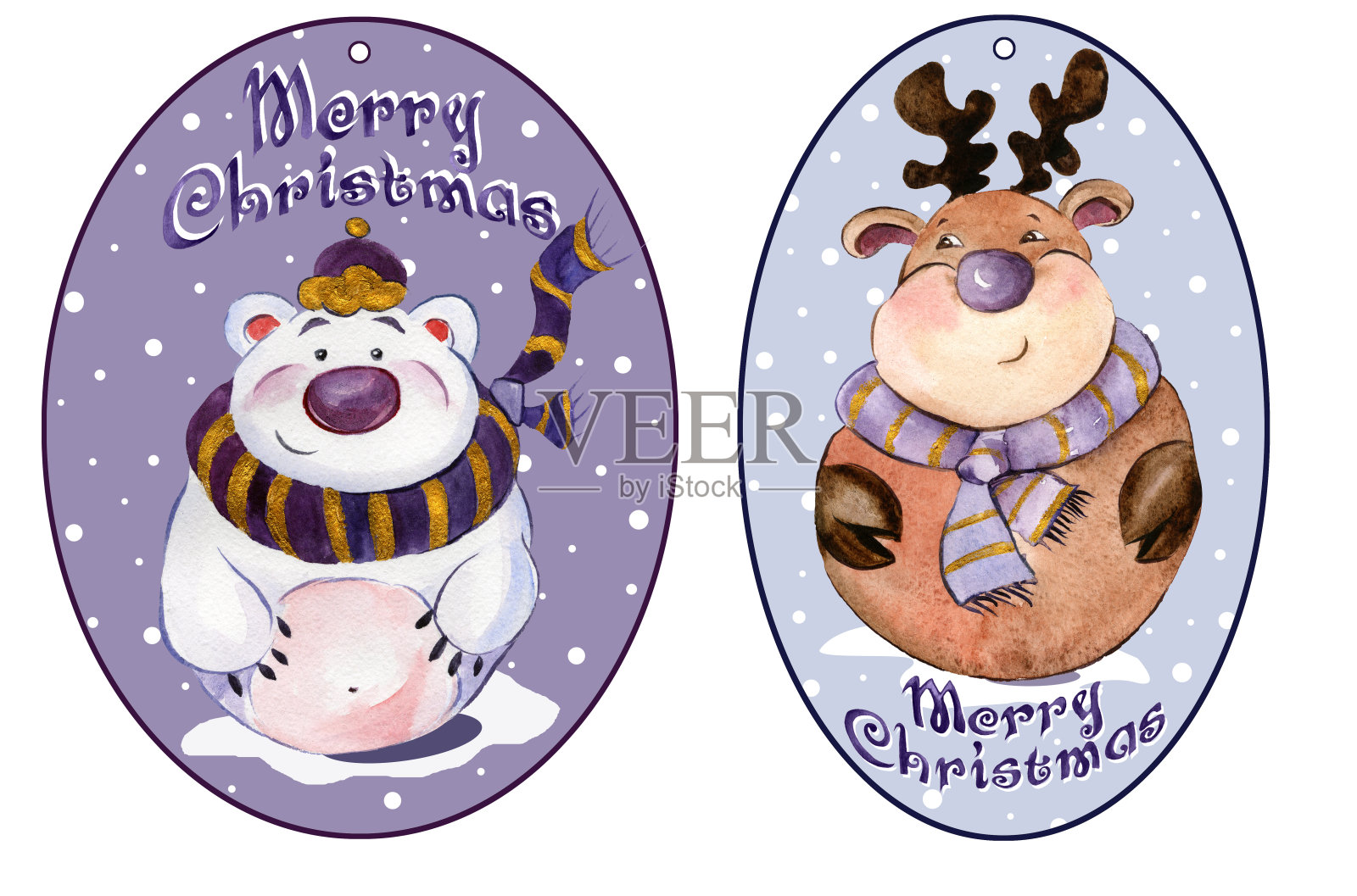 圆圆的圣诞标签与有趣的北极熊和驯鹿穿着紫色围巾与金色的细节。水彩画。插画图片素材