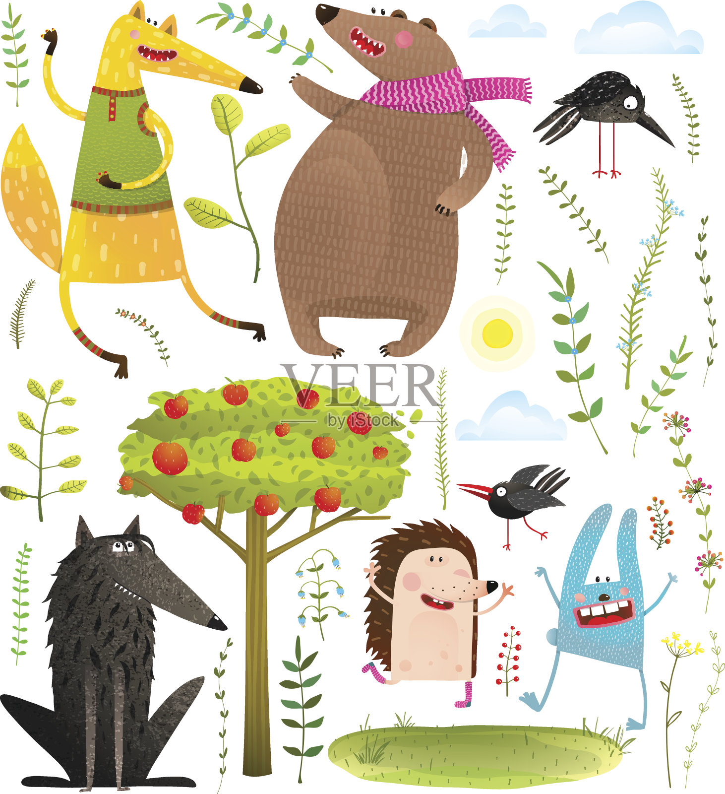 野生有趣的森林物体和动物设置插画图片素材