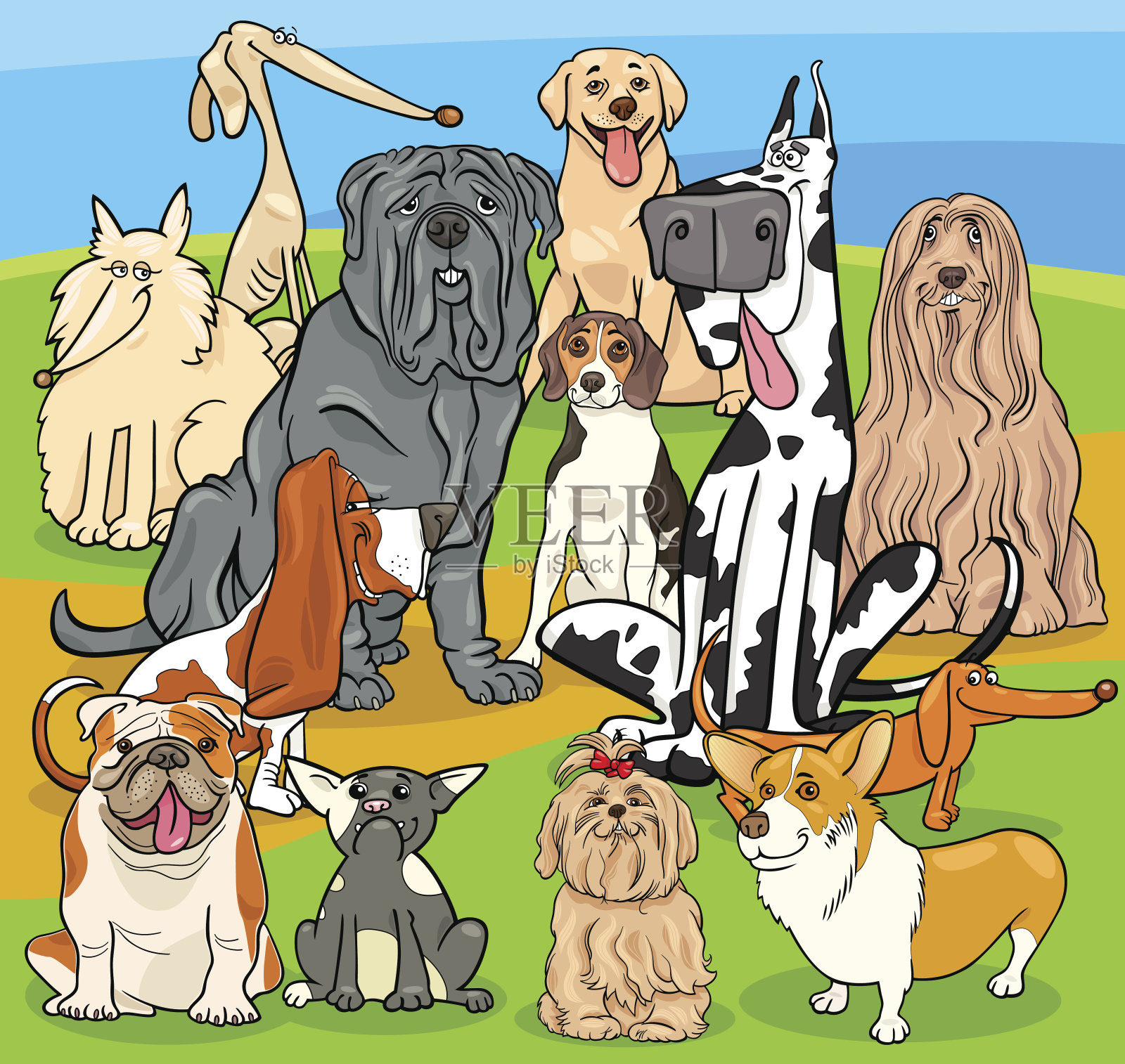 纯种犬卡通人物群插画图片素材