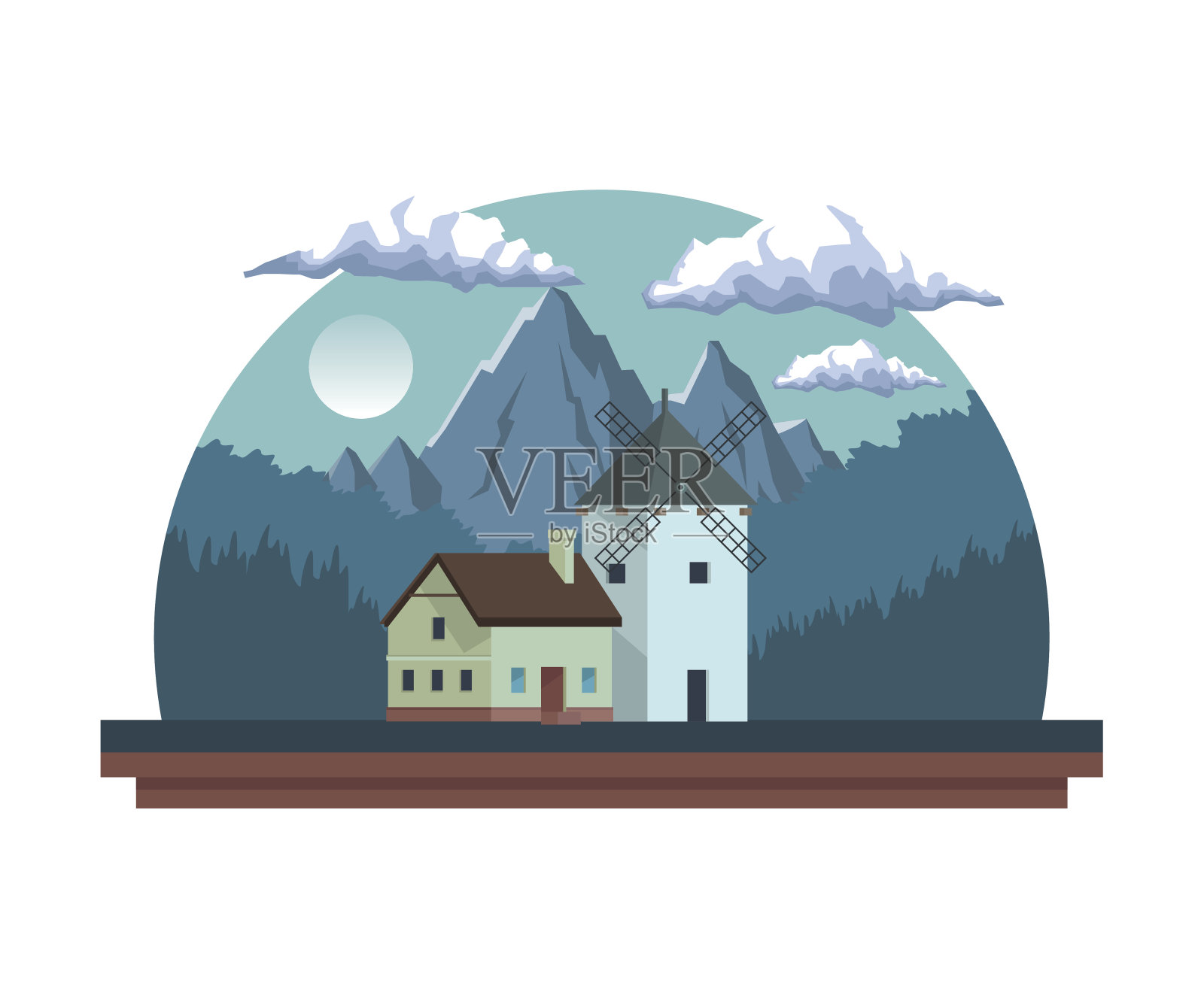 白色背景与夜景在半圆形框架与田野山和房子与风车插画图片素材