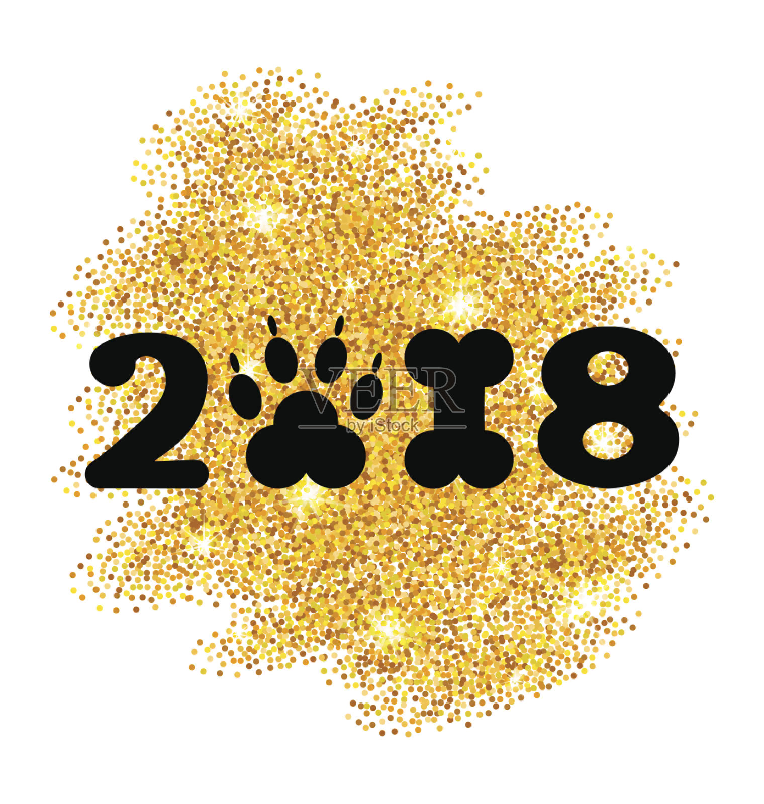 2018年新年与象征狗爪印和骨形状，闪闪发光的表面插画图片素材