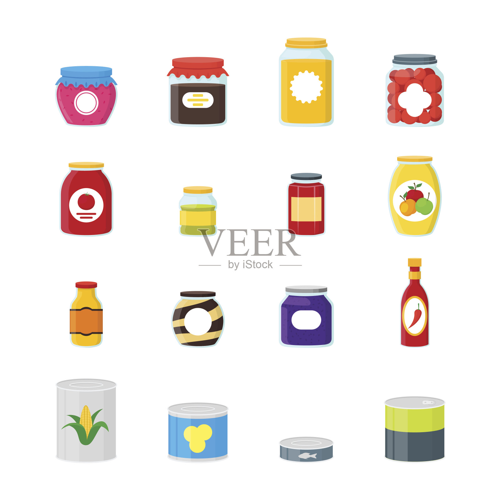 卡通罐头和罐食物颜色图标集。向量设计元素图片