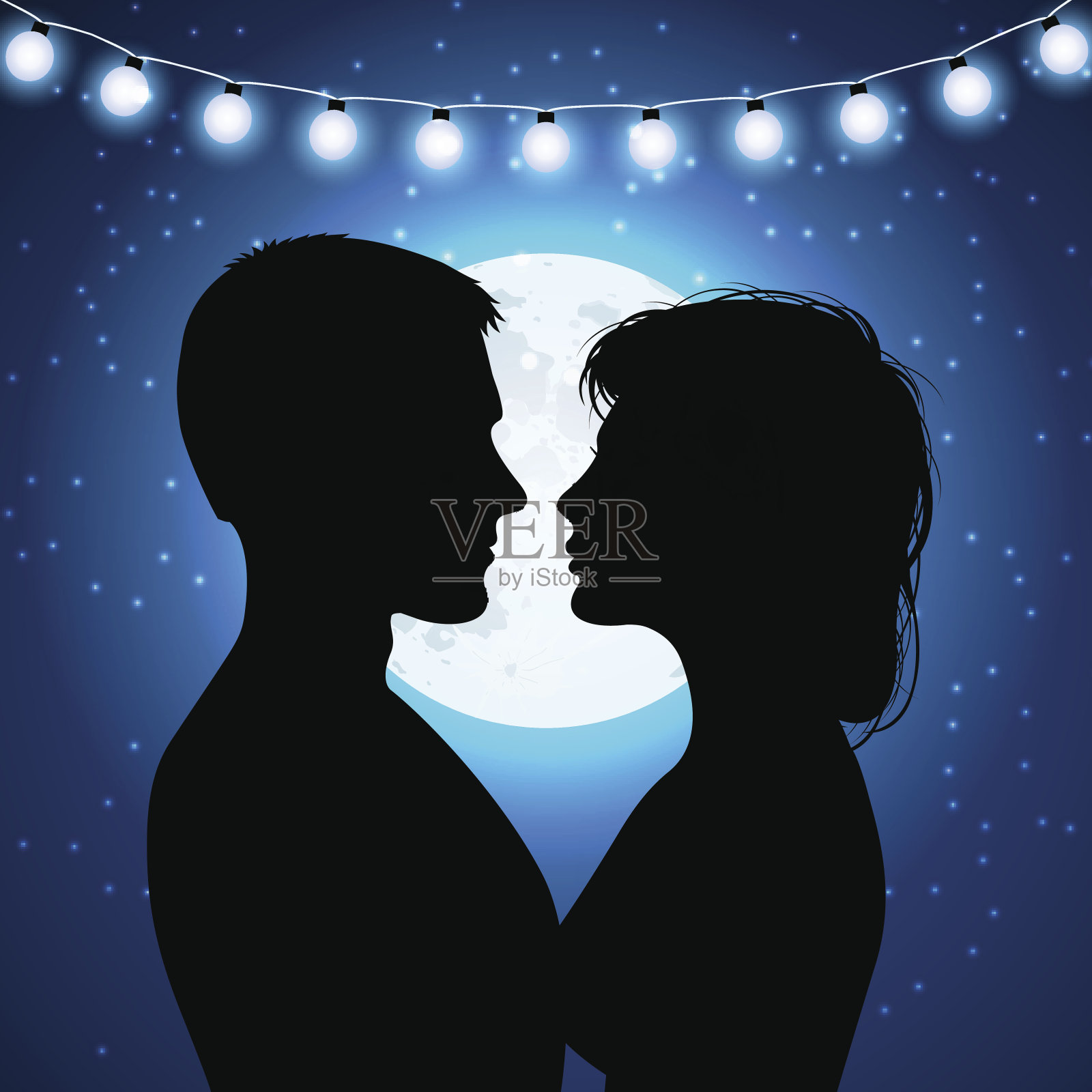月光背景上一对夫妇的剪影插画图片素材