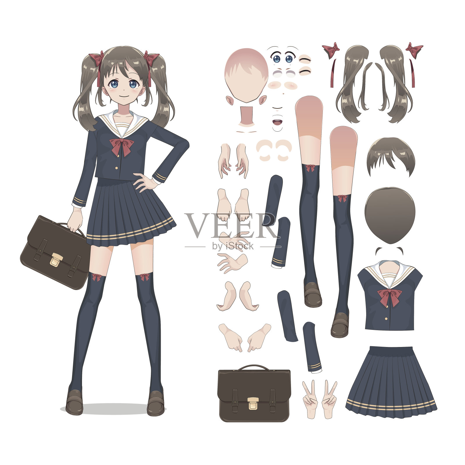 动漫女学生穿着裙子，长统袜和书包。日本风格的卡通人物。一组用于角色动画的元素插画图片素材