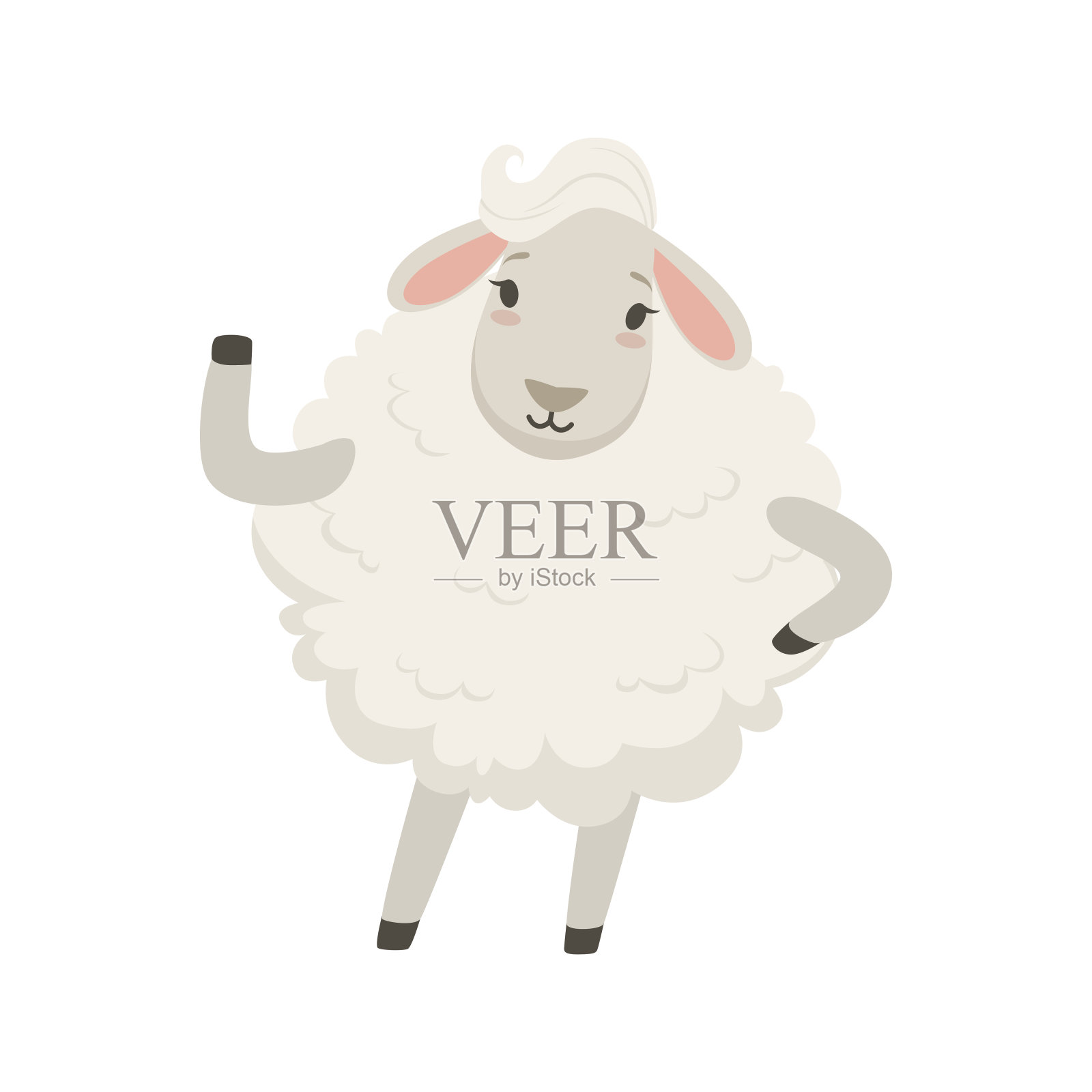 可爱的白羊角色挥着手，滑稽的人性化动物矢量插画插画图片素材