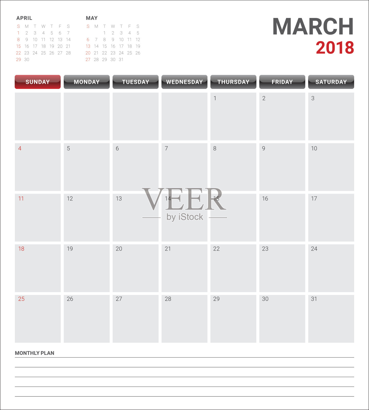 2018年3月日历规划师矢量插图设计模板素材