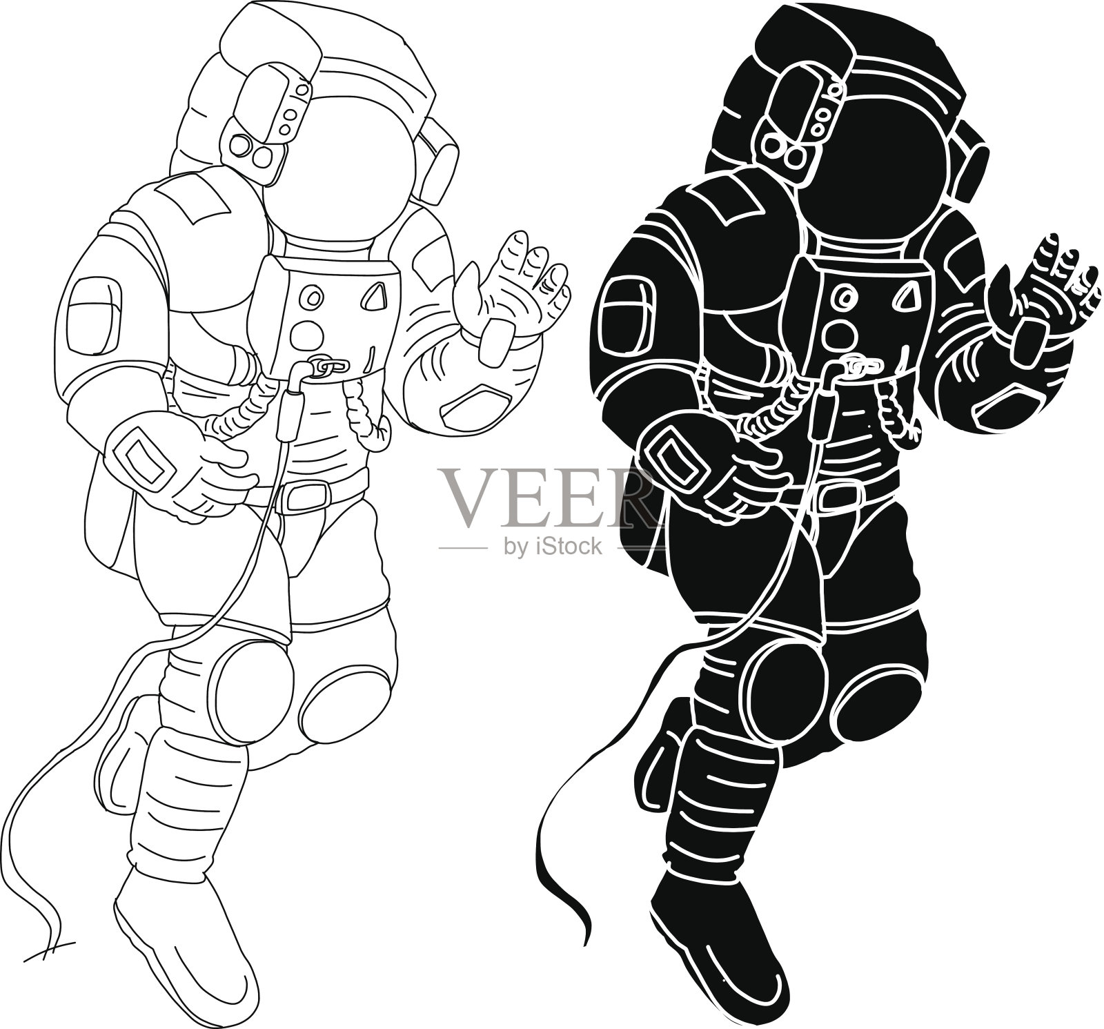 宇航员角色设置手绘风格。白色背景上的宇航员。宇航员适应向量。插画图片素材