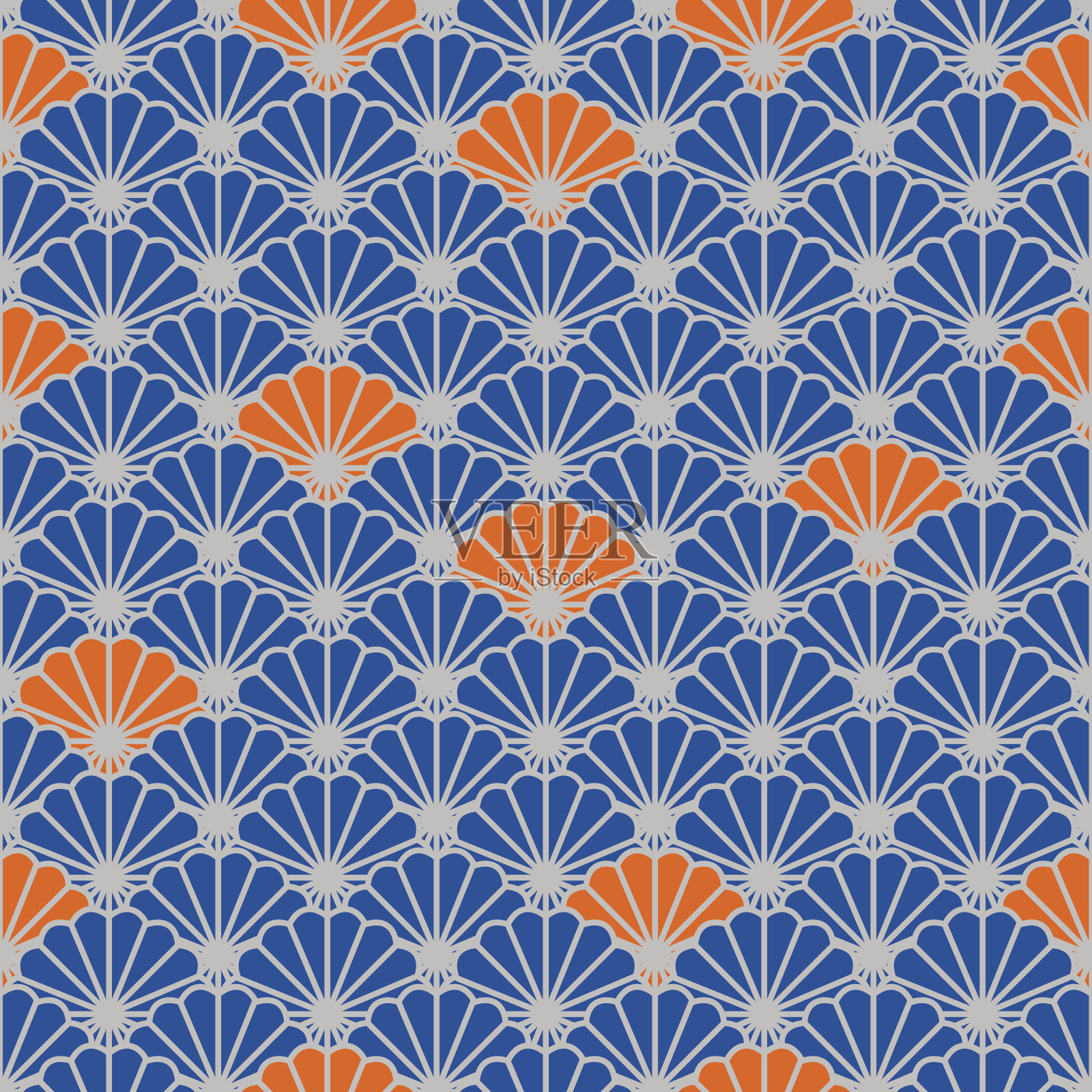 日本扇面矢量无缝图案，以蓝色和橙色为主色调风格插画图片素材
