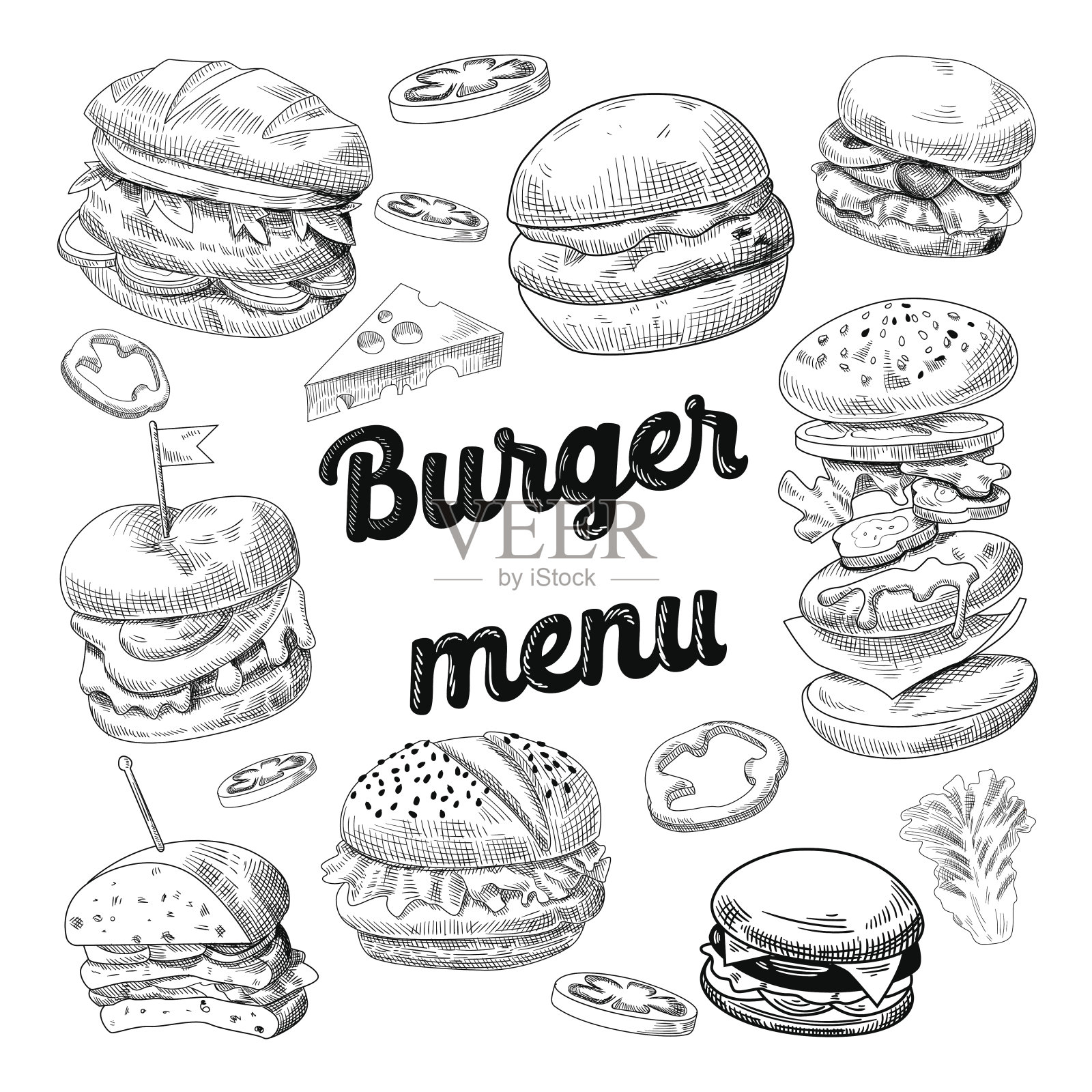 手绘汉堡。快餐菜单芝士汉堡设计元素图片