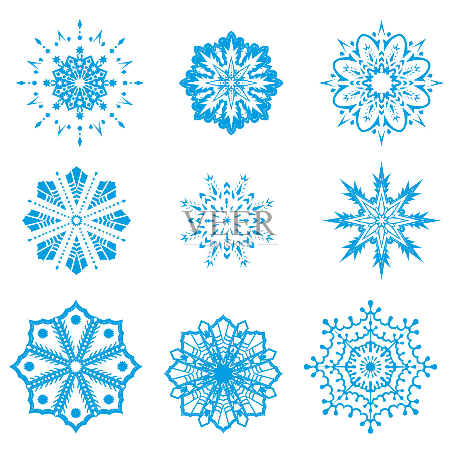 一组不同几何图案的雪花。向量插画图片素材