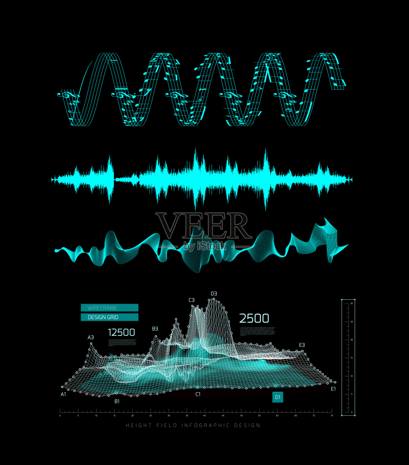 图形音乐均衡器，声波，在黑色背景上插画图片素材