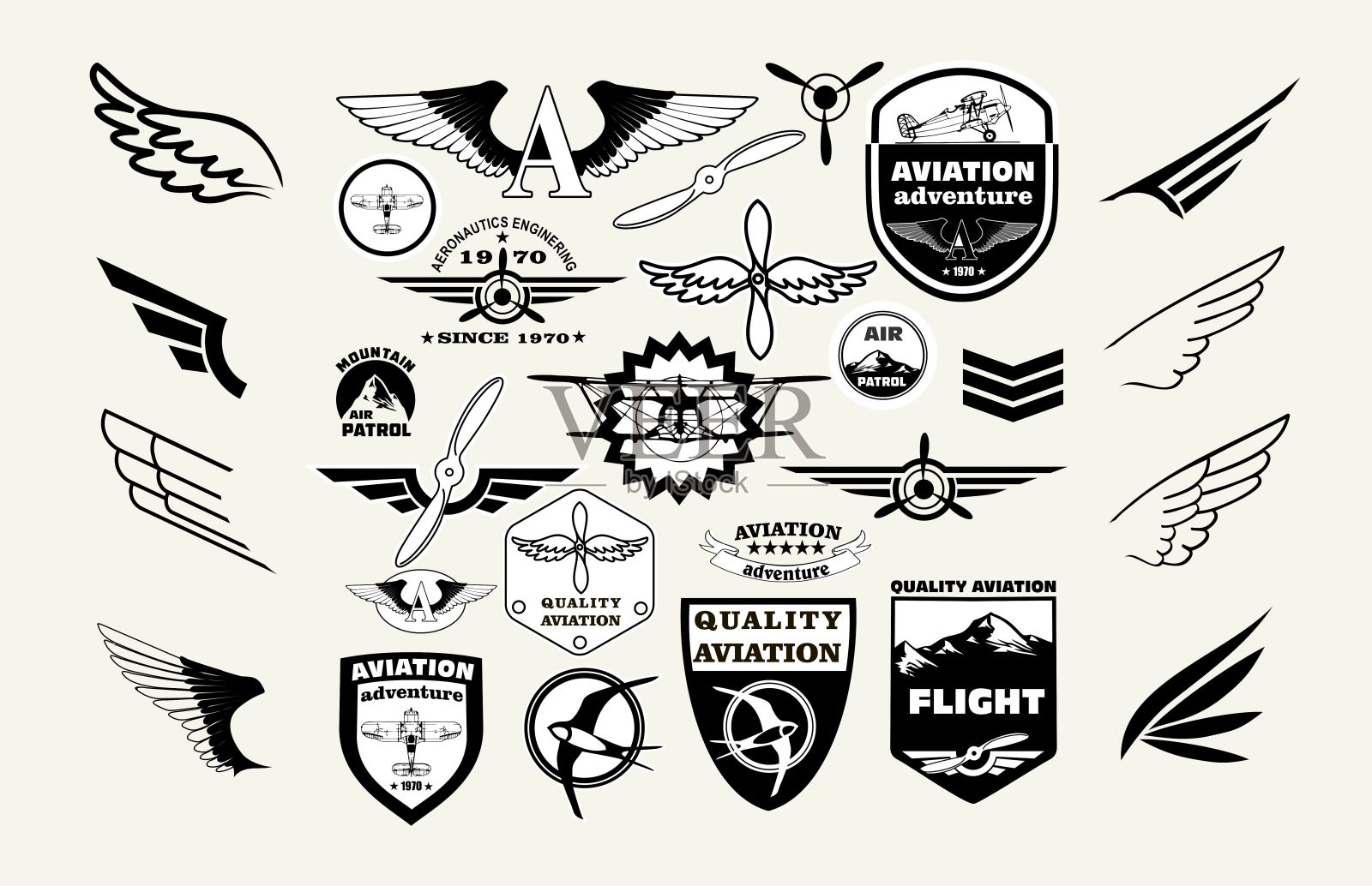 单色Mega集复古的标志，设计元素，徽章和标志补丁的主题航空插画图片素材