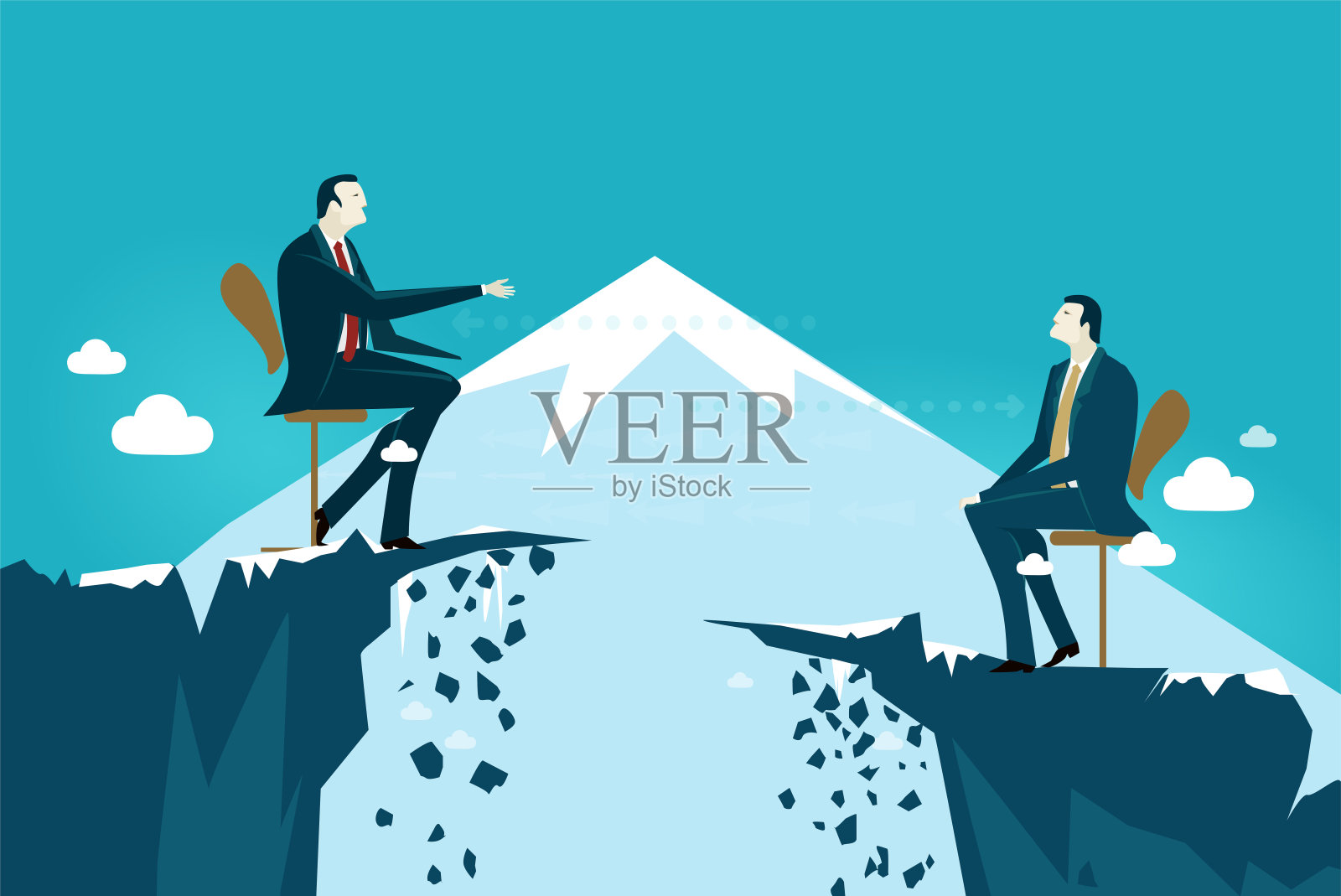 two leading businessmen talking on top on the mountain.两个主要的商人在山顶上交谈。商业概念的风险说明插画图片素材