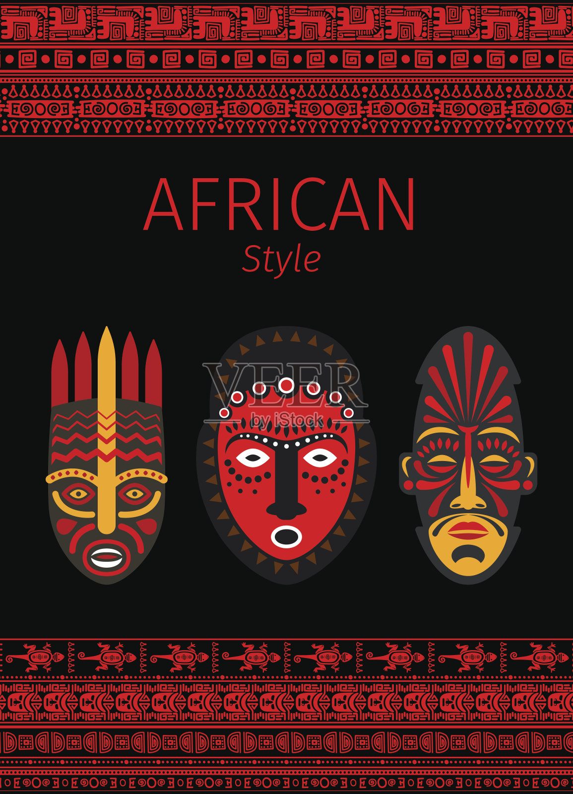 非洲风格的红色边框和面具设计模板素材