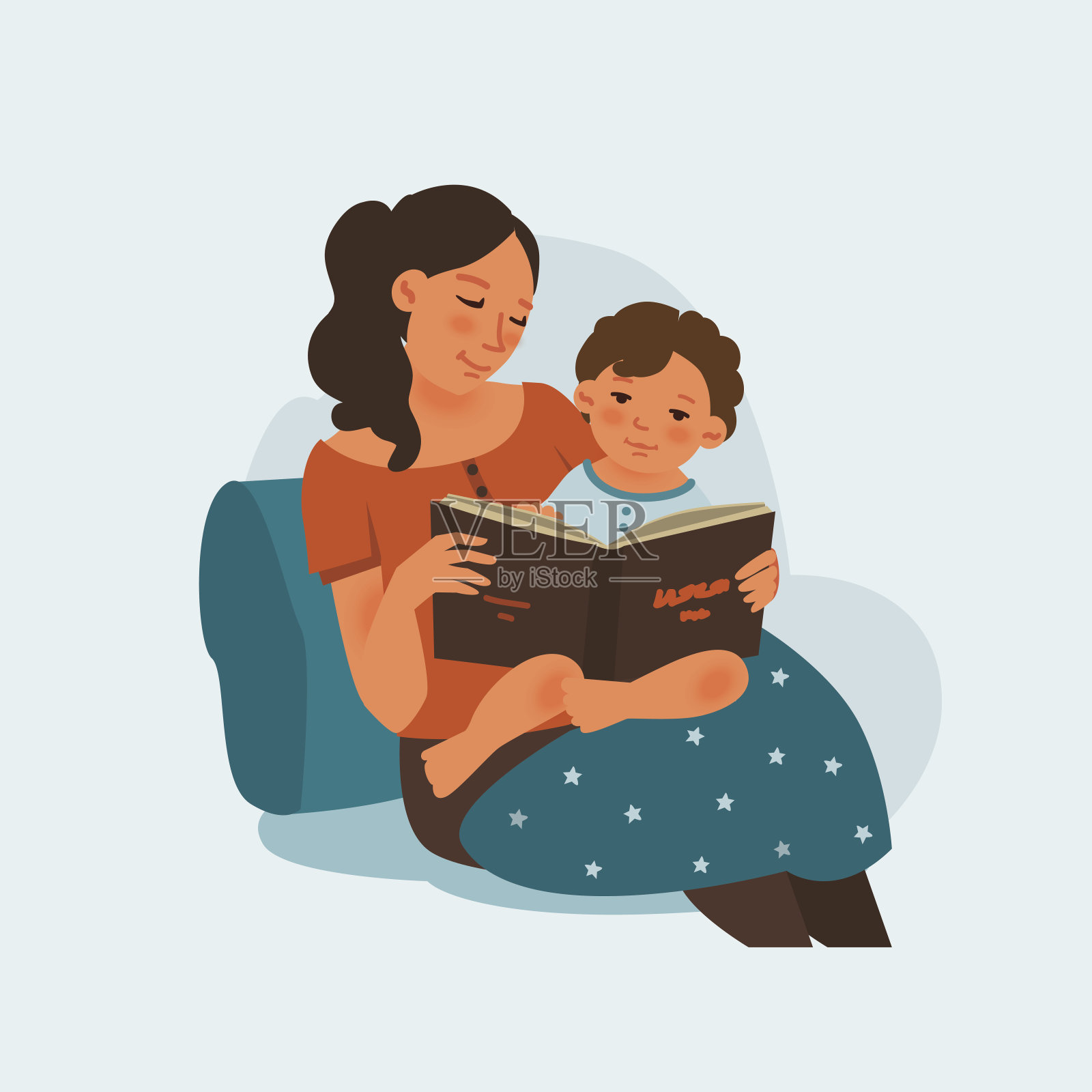 妈妈带着可爱的宝宝看书。家庭，早期发展，活动，学习插画图片素材