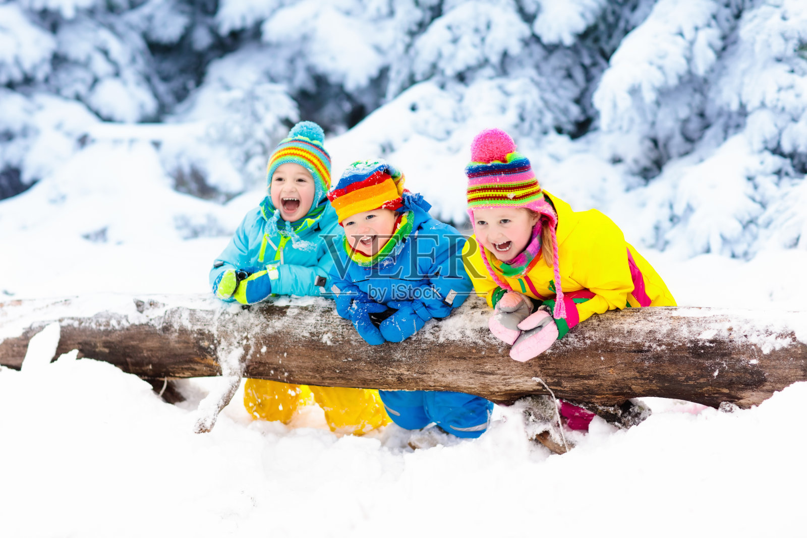孩子们在雪中玩耍。冬天下雪时孩子们在户外玩耍。照片摄影图片