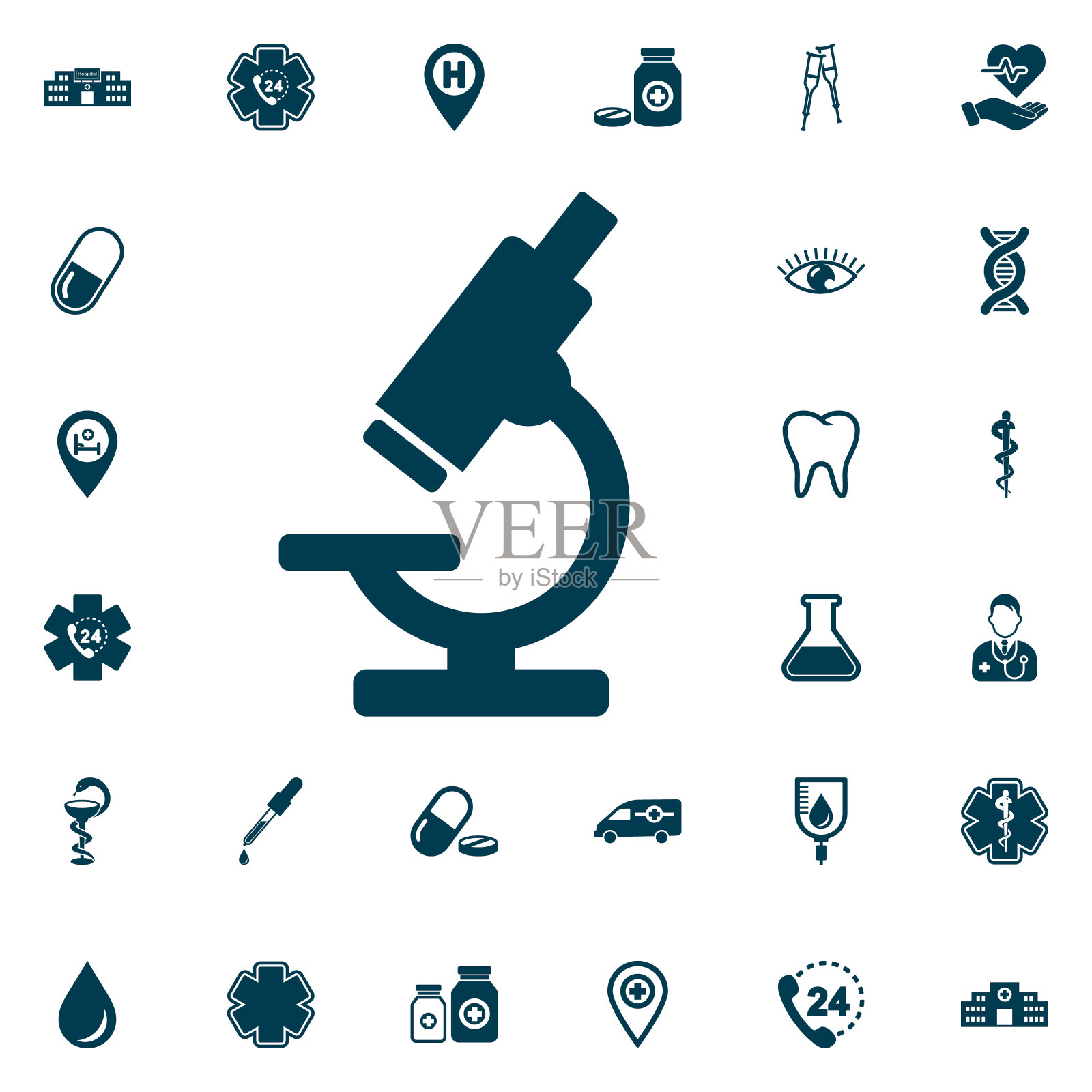显微镜图标，医疗设置在白色背景。矢量插图。孤立的图标素材