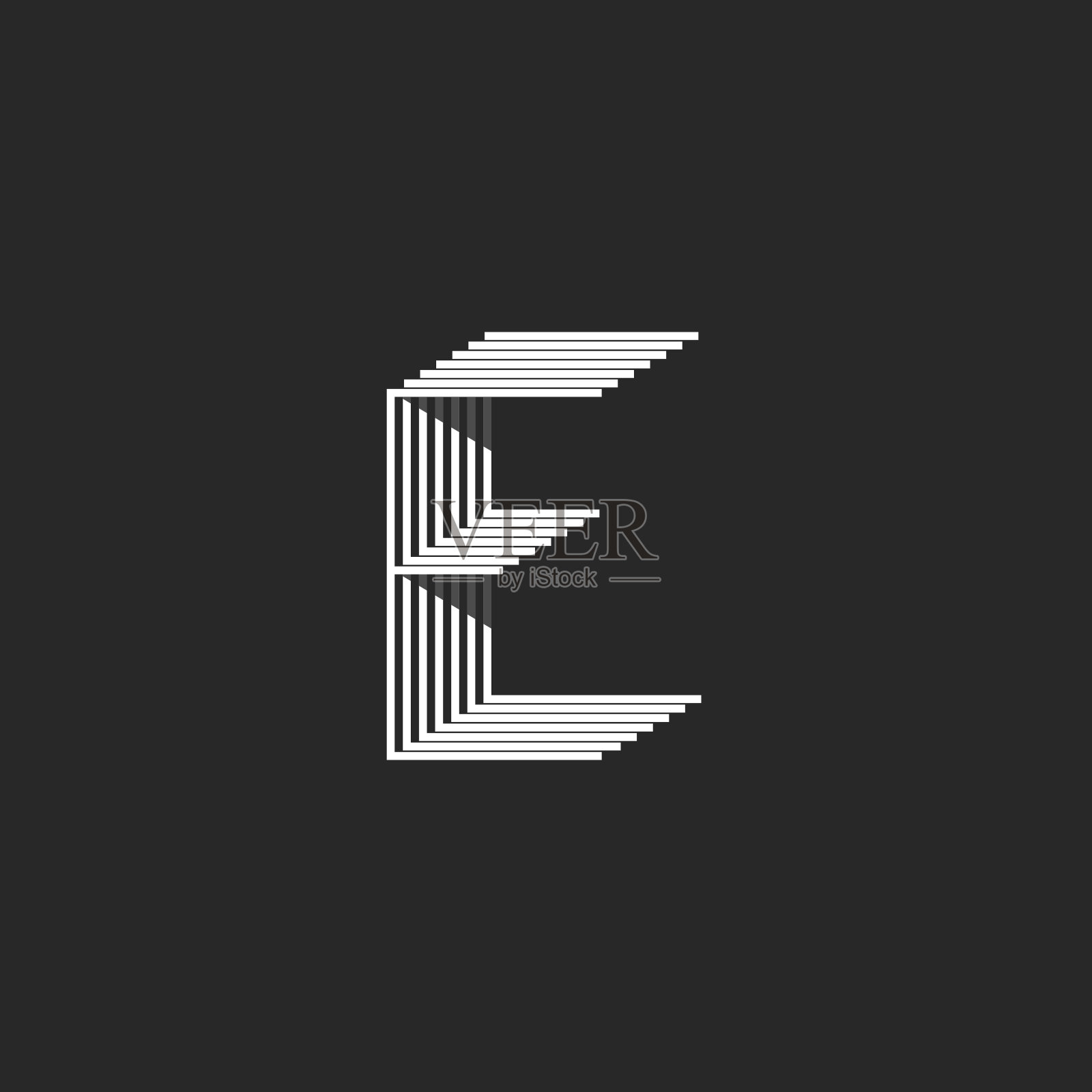 字母E，黑白多平行细线标记，创意等距几何形状现代排印设计元素，原型潮人最初的徽章设计元素图片
