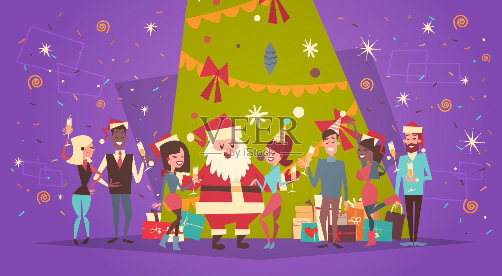 圣诞快乐，新年贺卡与圣诞老人和一群人在节日松树插画图片素材