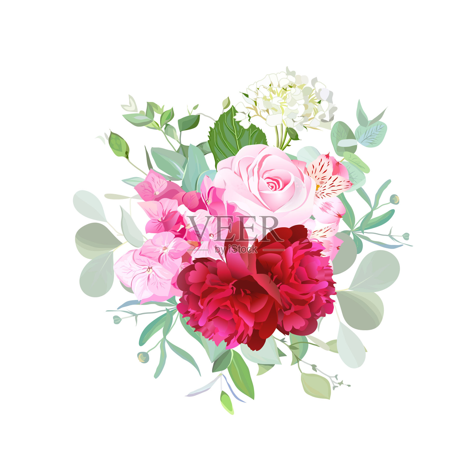 一束玫瑰，紫红色牡丹，粉红色和白色的绣球花插画图片素材