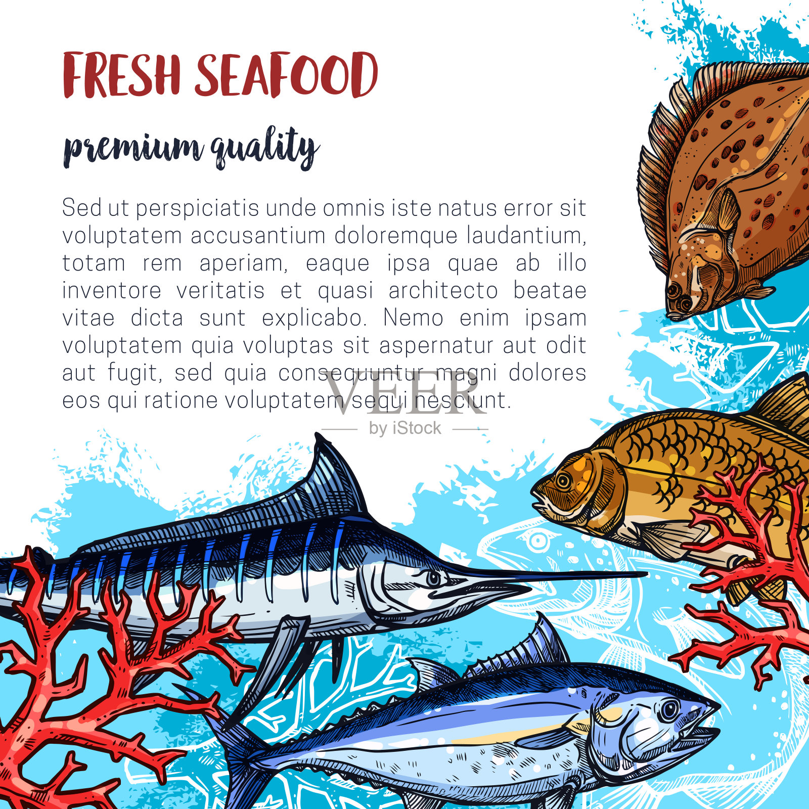 新鲜海鲜及鱼类食物矢量海报设计模板素材