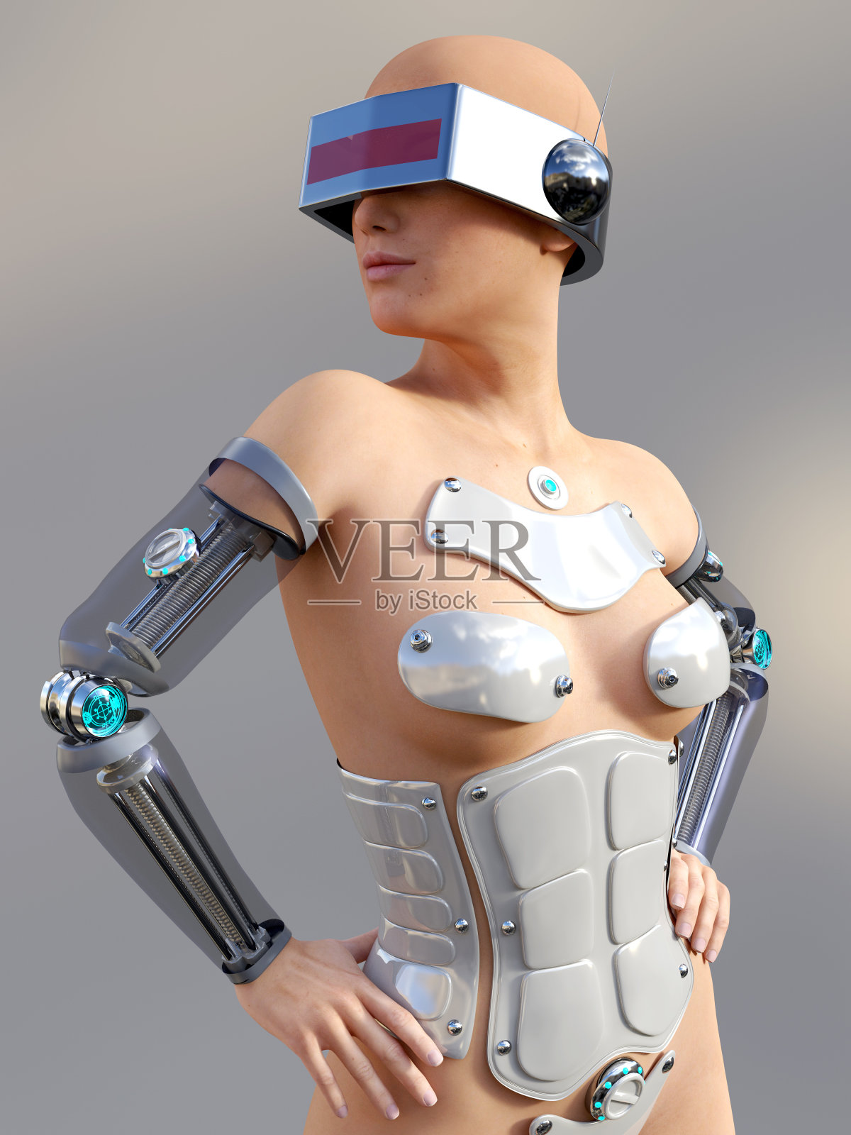 一个性感的女性机器人的3D渲染。照片摄影图片