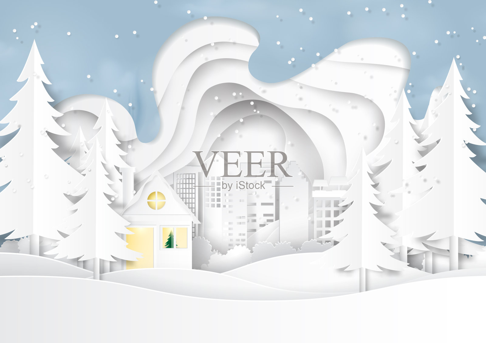 冬雪季节具有城市城市景观纸艺术风格插画图片素材