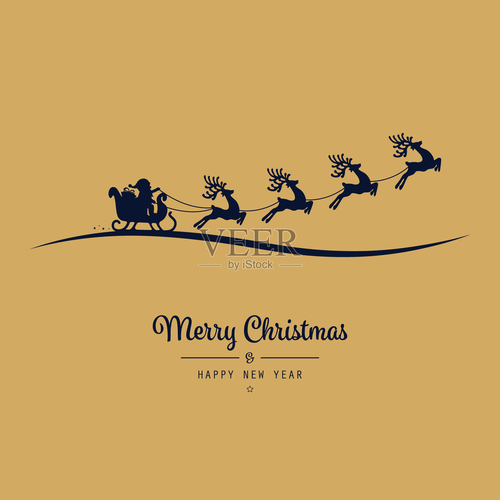 圣诞老人的雪橇飞着金色的背景插画图片素材