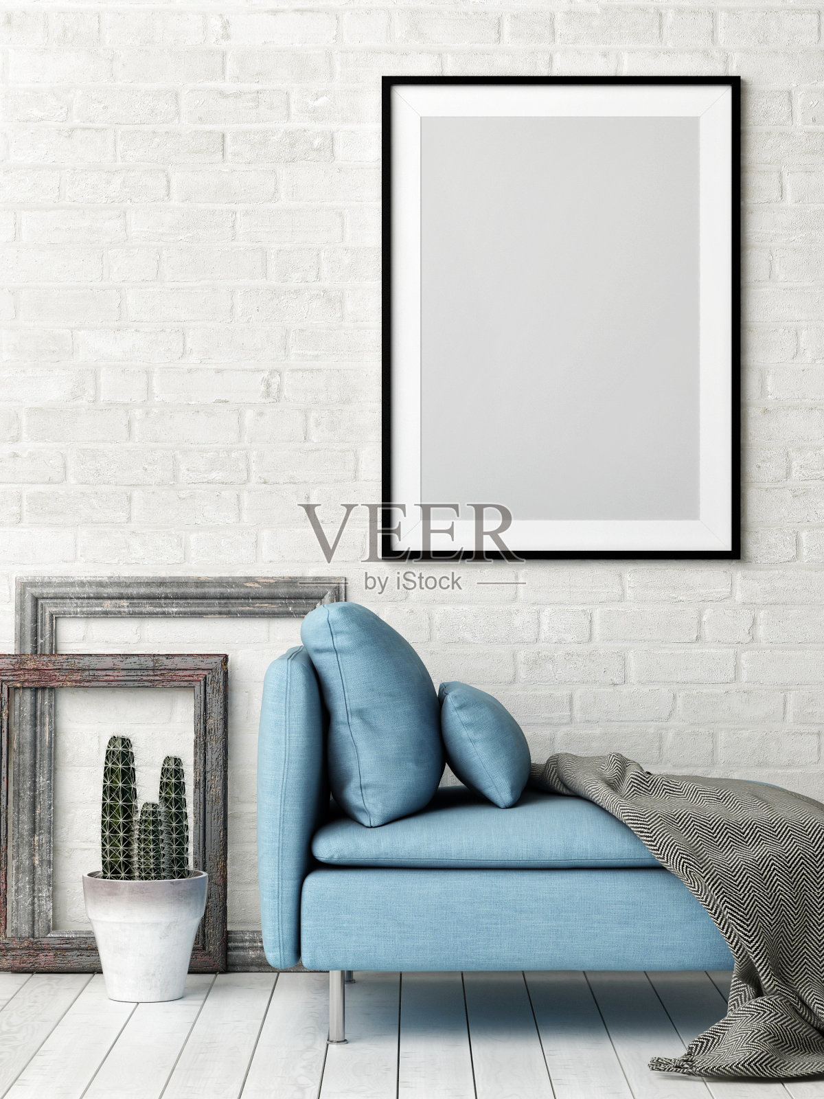 时髦的客厅概念模拟海报，白色砖墙和蓝色沙发照片摄影图片