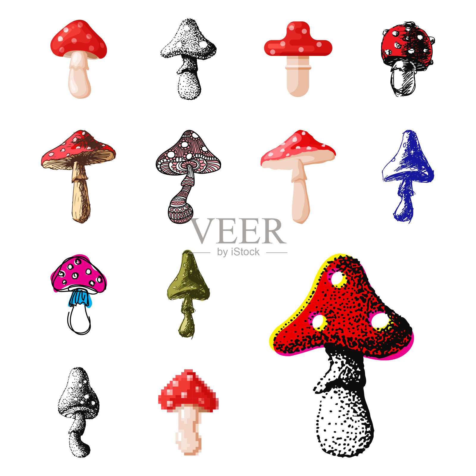 鹅膏蝇木耳伞菌不同艺术风格的蘑菇设计矢量插图红帽子插画图片素材