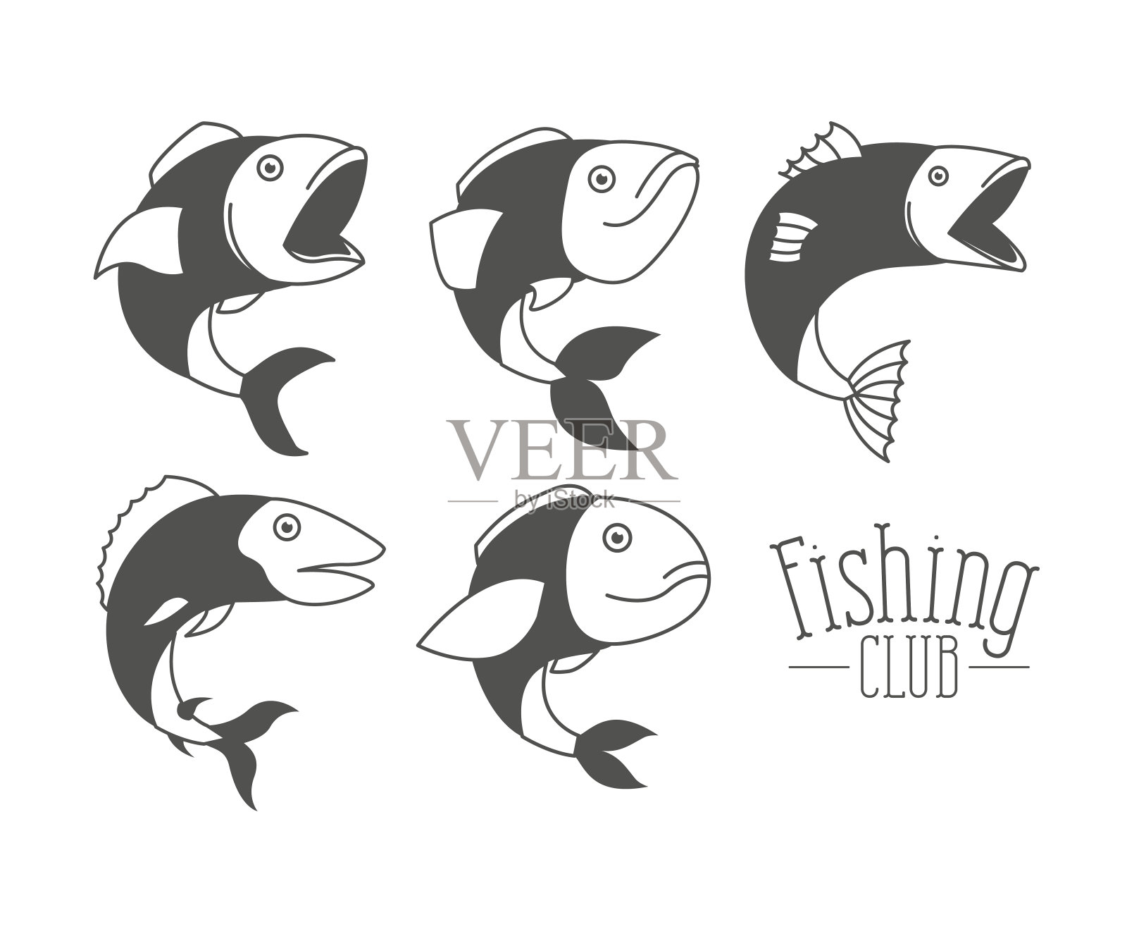 单色剪影类型鱼和标志文字钓鱼俱乐部插画图片素材