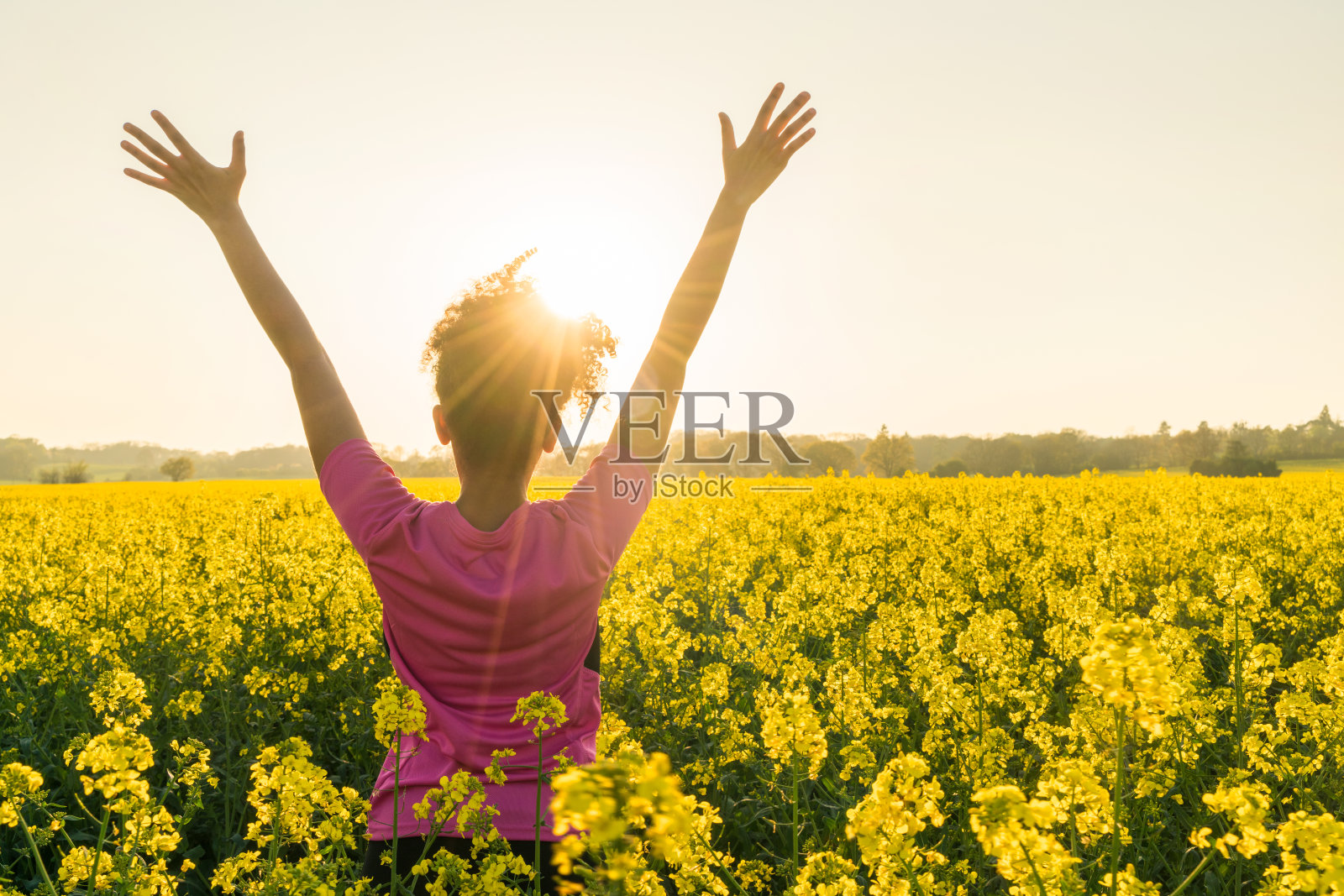 混血非洲裔美国女孩，女，年轻的女运动员，赛跑少年在金色的日落或日出的手臂举起庆祝在黄花的田野照片摄影图片