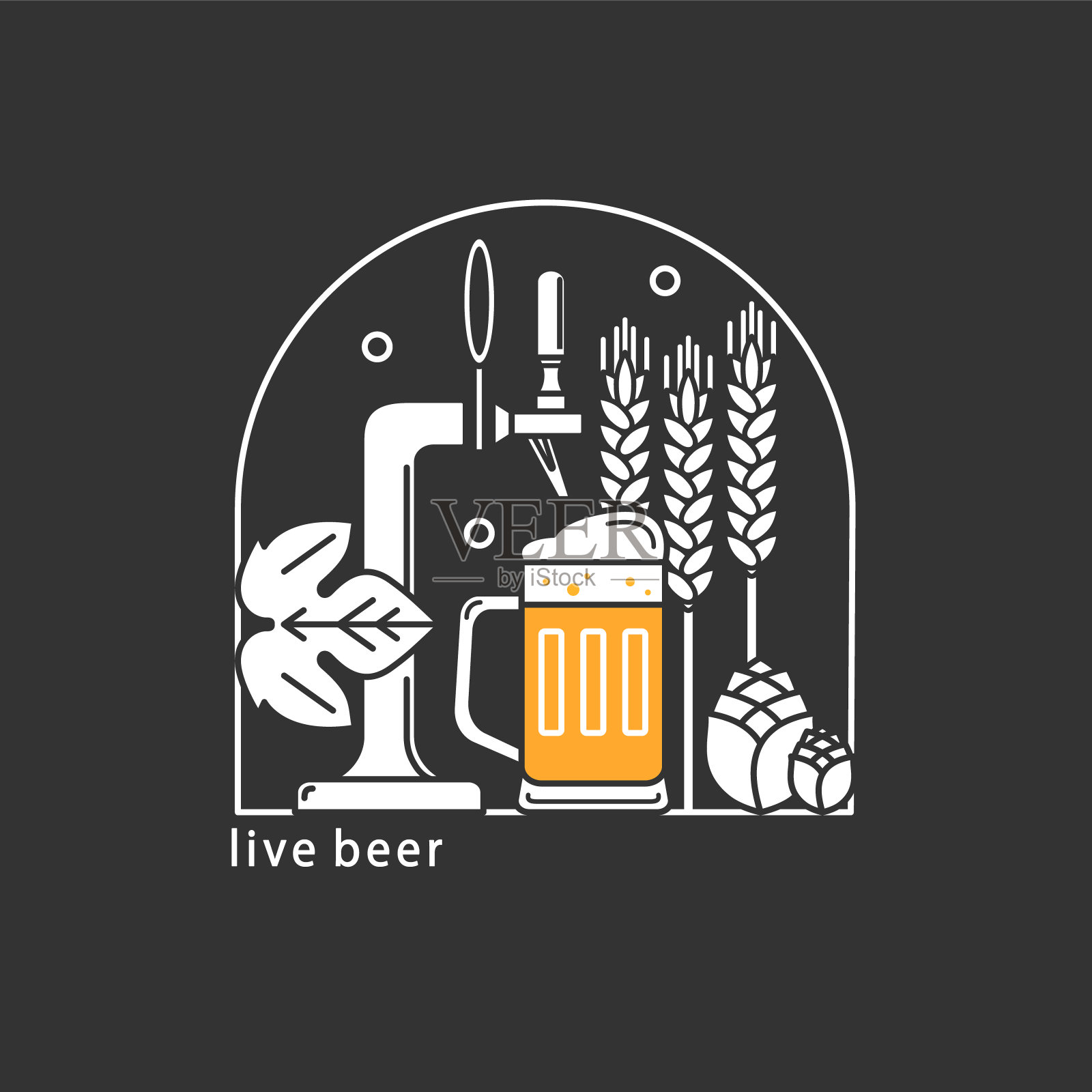 啤酒龙头，啤酒杯，小麦，啤酒花。向量线性图标。啤酒厂。插画图片素材