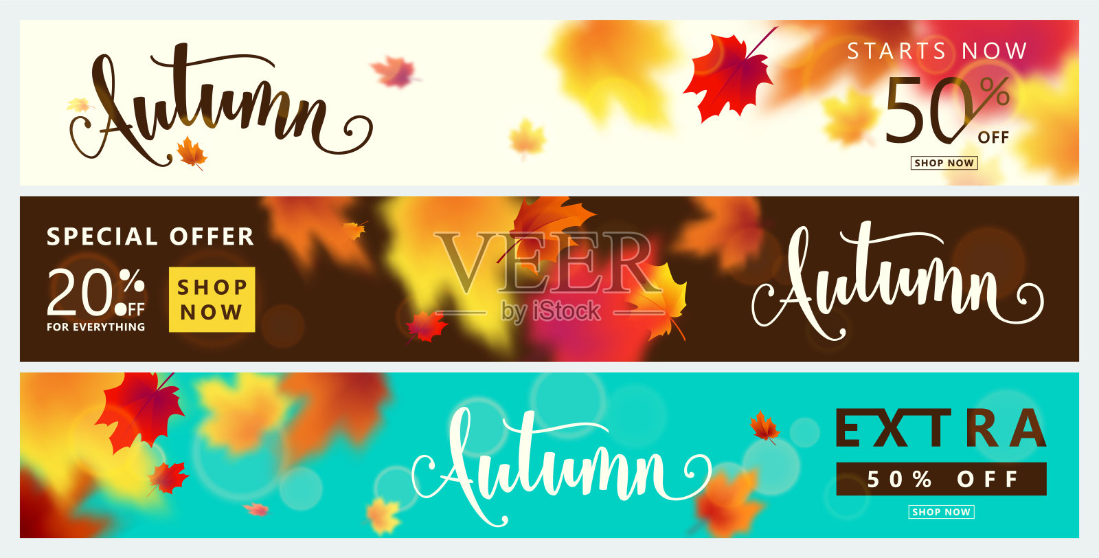 五彩缤纷的秋旗集。秋季销售背景与明亮的枫叶插画图片素材