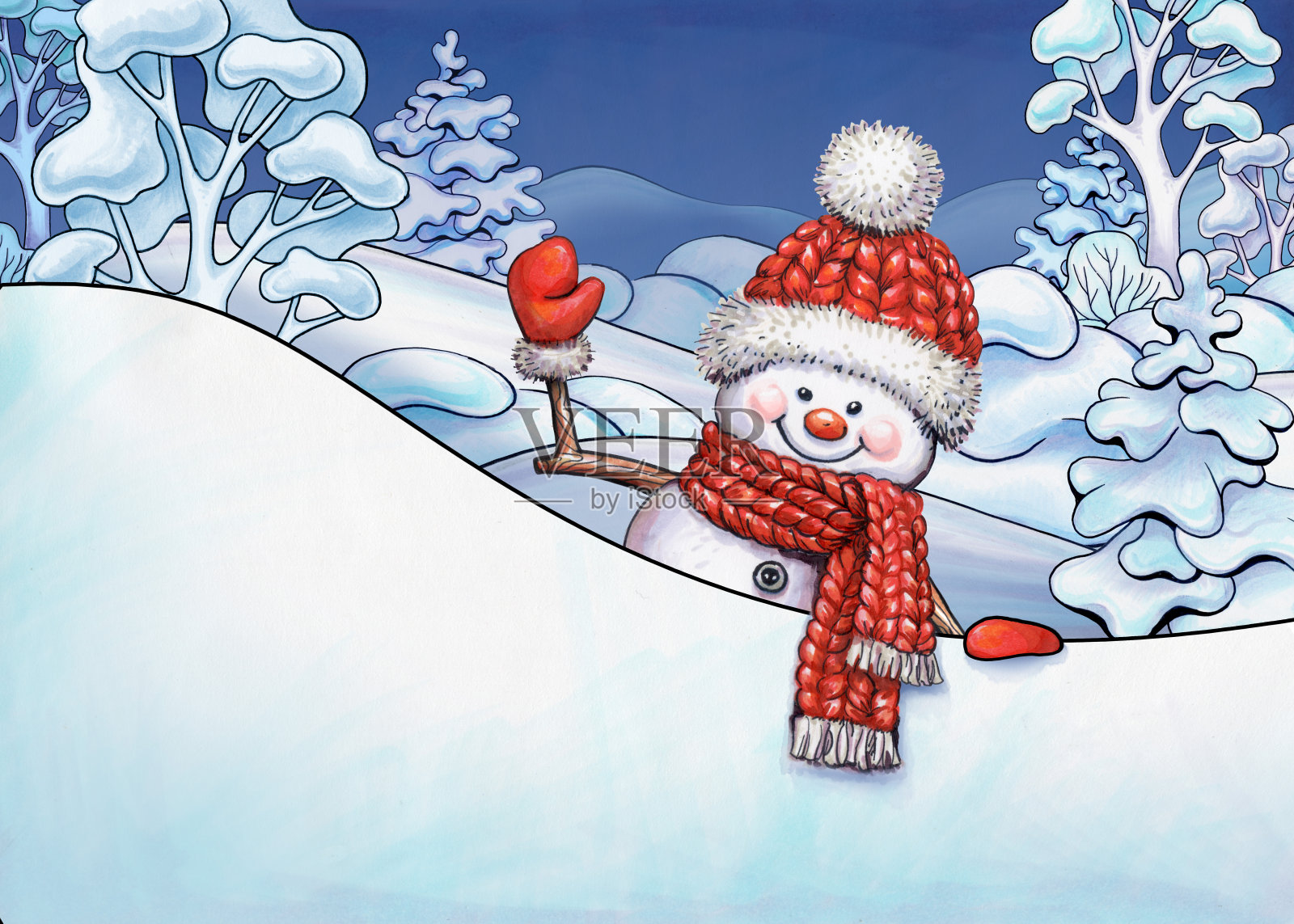 圣诞插图，冬季风景，卡通雪人挥舞的手，手持空白横幅，节日贺卡设计元素图片