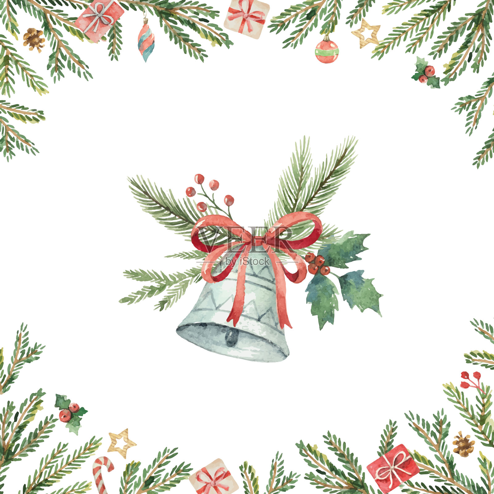 水彩圣诞矢量卡与铃铛和冷杉树枝。插画图片素材